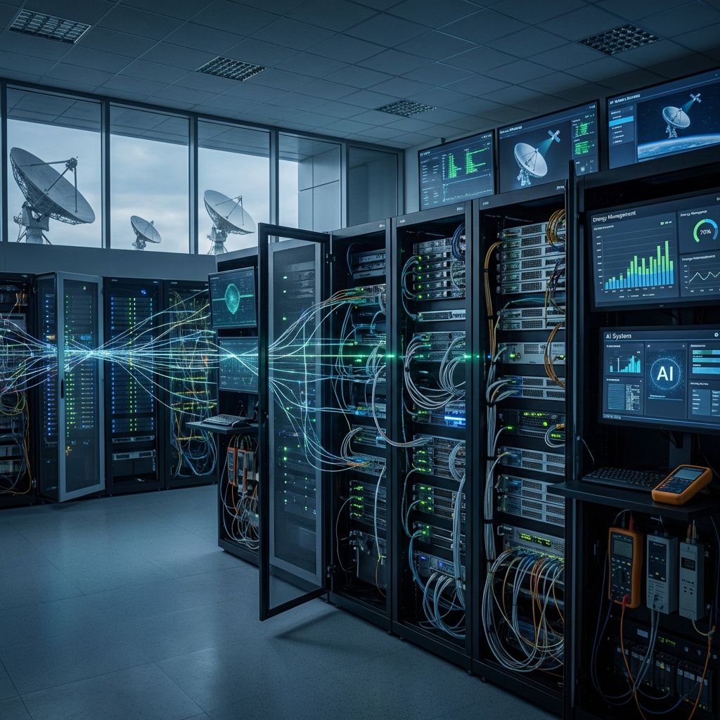 Det mest fængende og realistiske billede, der kan visualisere situationen i artiklens sidste del, er et detaljerepræsentation af den komplekse datainfrastruktur, hvor forskellige teknologier og systemer flettes sammen i en harmonisk, men alligevel decentraliseret struktur. Forestil dig et overblik over en stor, moderne datacentrale med store, åbne serverhavere, der er udstyret med mesh-netværk af fibre og satellitforbindelser, som symboliserer samspillet mellem rummet, energistyring og AI-drevne systemer. Overalt er der synlige ledninger, dataloger og værktøjer, men uden at fremstå overvældende, alt sammen i en dokumentaristisk, realistisk kontekst, hvor fokus er på effekten af integreret teknologi i hverdagen uden at vise personer. Lyset er dæmpet med subtile blå og grønne toner, der indikerer et miljø i konstant, men kontrolleret udvikling, og det hele formidler en følelse af både kontrol, innovation og potentiel usikkerhed i de teknologiske systemers samspil. Dette billede visualiserer den komplekse, me