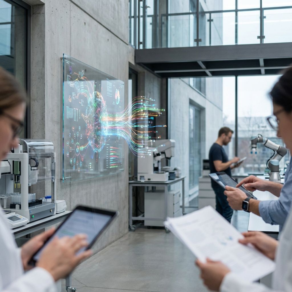 Billedet viser en realistisk, dokumentaristisk gengivelse af en moderne laboratorie- eller forskningsmiljø, hvor komplekse data visualiseres i realtid uden mennesker i fokus. Forestil dig et nærbillede af en stor, transparent skærm monteret på en væg, der viser en sofistikeret, farverig grafik – et abstrakt, digitalt kort over netværk, diagrammer og datastrømme, der flyder ind og ud af skærmen. Omkring står forskere og teknikere, men deres hænder og blikke fokuserer på deres tablets, smartwatches og dokumenter, hvilket skaber en følelse af aktivitet uden at overvælde scenen med mennesker. Det urbane, minimalistiske miljø og den bløde belysning understreger, hvordan avanceret teknologi er en integreret og naturlig del af en moderne forskningsindustri i dag, hvilket symboliserer skiftet mod automatiseret og præcis datahåndtering. Dette billede illustrerer tydeligt påvirkningen af avanceret visualiseringsteknologi i nutidens forskningsmiljøer, hvor konceptuelle data- og grafiske repræsentationer har en nøgler