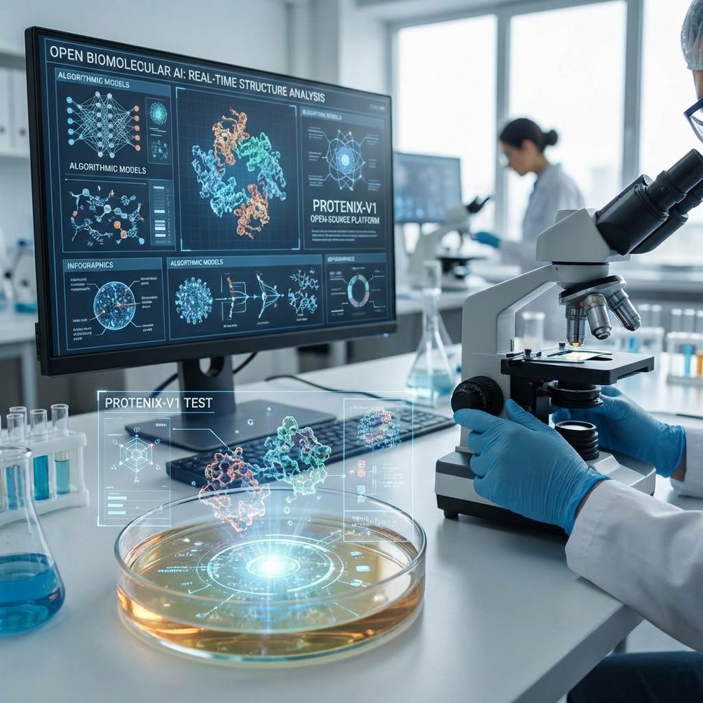 Det mest fængende og spændende foto, der bygger på en dokumentaristisk og realistisk repræsentation af emnet, vil visualisere den konkrete anvendelse af biomolekylær AI i en moderne biotech- eller pharma-laboratorieindretning. Fokuset er på en innovativ, mikroskopisk detalje: en avanceret petri-slip med små biomolekylære strukturer, der spejler sig i lysende væsker eller holografiske elementer, samtidig med at en infografik med komplekse data og algoritmiske modeller næsten kommer til live i baggrunden. Denne scene illustrerer en hverdag i forskningsindustrien, hvor den åbne biomolekylære AI-teknologi transformer struktureksperimenter og lægemiddeludvikling i realtid. Billedet fremstår som en klar visualisering af, hvordan denne teknologi foregår i praksis nu – i en avanceret, men realistisk setting, hvor perfekte nano-strukturer og grafiske visualiseringer på skærme reflekterer den kritiske rolle, åbenhed og reproducerbarhed, som Protenix-v1 introducerer. Den naturlige, velbelyste laboratoriekontekst unders