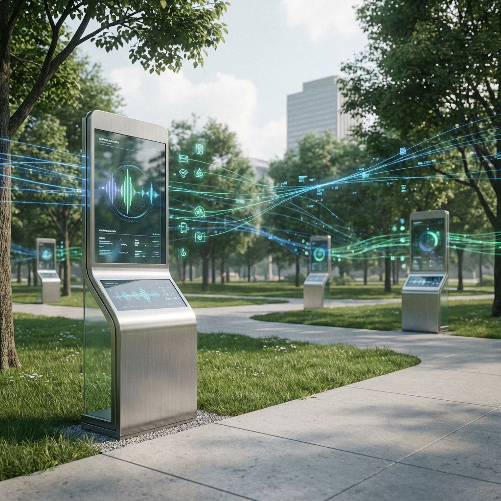 Forestil dig et dokumentaristisk foto, hvor abstrakte elementer fremhæver AIs rolle i det offentlige uden at vise direkte personer ved computere. Billedet præsenterer en stor, moderne bypark ved dagtimer, hvor en række integrerede, futuristiske informationstavler er placeret strategisk i omgivelserne. Disse tavler er udstyret med små, dynamiske lysende ikoner og skærme, der viser dataflader, som symboliserer organisk, digital kommunikation. Over det hele svæver usynlige tråde af lys og data, der binder de fysiske elementer sammen – en visuel metafor for AIs tilstedeværelse i hverdagen, som påvirker alt fra borgere til myndigheder. Det er en realistisk, men symbolsk billedfortælling om, hvordan teknologi er integreret i et åbent, offentligt rum, der afspejler den komplekse forbindelse mellem menneskelige behov og digital innovation i det offentlige. Billedet fokuserer på miljøet omkring, hvor dataudveksling og kommunikationen er usynlig, men alligevel pulserende som en digital nerve. Det slanke, minimalisti