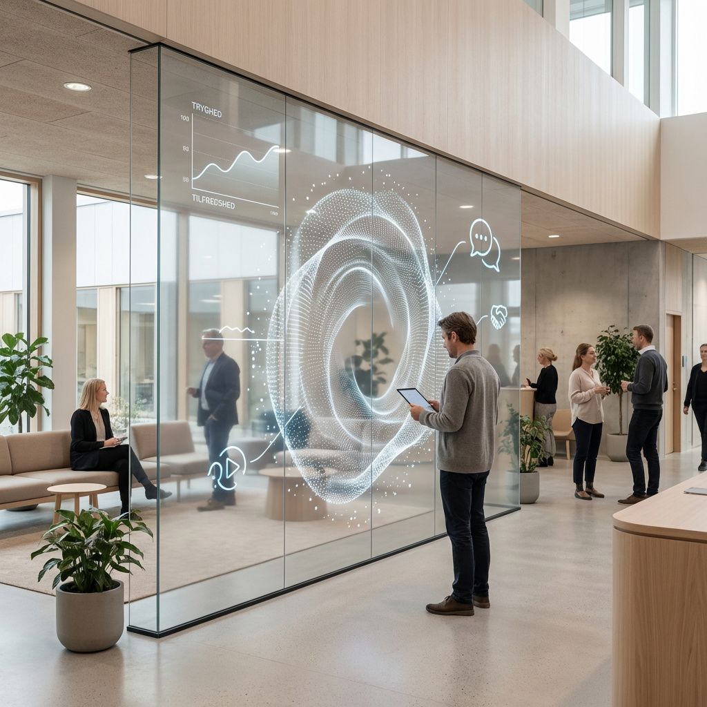 Det mest fængende og spændende billede, der kan visualisere emnet om AI-kompagnoner i det offentlige uden at være cliché, er en dokumentaristisk gengivelse af en moderne kommunal eller offentlig arbejdsplads. Forestil dig et scenarie, hvor en stor, transparent digital skærm fylder en åben, minimalistisk offentligรับhall, og hvor en interaktiv digital avatar – en abstrakt, poetisk repræsentation af en AI-kompagnon – symbolsk kommunikerer med en borger, der står med en tablet i hånden. Skærmen viser en visuel kombination af dataflader, følelsesmæssige indikatorer (som