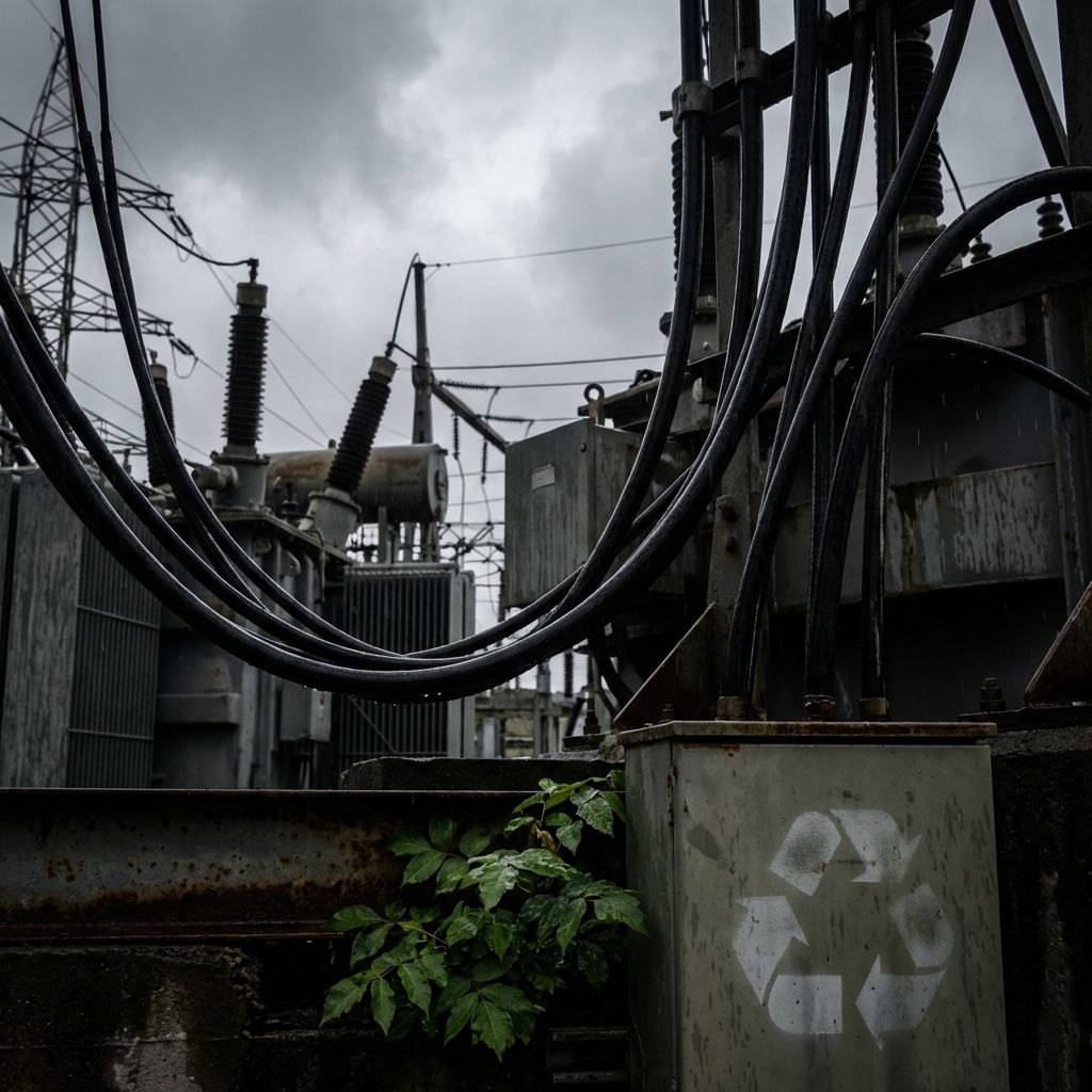 Det mest fængende og spændende foto, der kan visualisere emnet omkring datacenter-pausen i en dokumentaristisk og realistisk stil, er et dramatisk, abstrakt billede af energistrømme og infrastrukturelementer, der symboliserer den massive datamængde og energiforbrug. Forestil dig et tæt foto af højspændingsledninger og kraftværksanlæg, hvor de elektriske kabler og generatorer er delvist dækket af skygger og refleksioner fra en overskyet himmel, hvilket understreger den miljømæssige belastning. På trods af den industrielle stemning er elementer som grønne blade eller genbrugssymbolet subtilt integreret i billedet for at antyde nødvendigheden af bæredygtighed, uden at det bliver for direkte eller cliché. Dette skaber en visuel kontrast mellem teknologi og natur, der symboliserer den globale diskussion om balance mellem digital vækst og miljøbeskyttelse. Ved at fokusere på detaljer som strømledninger, skinnende metaller og de bløde lysrefleksioner, opnås en realistisk, dokumentarisk æstetik, der undgår klisjeer
