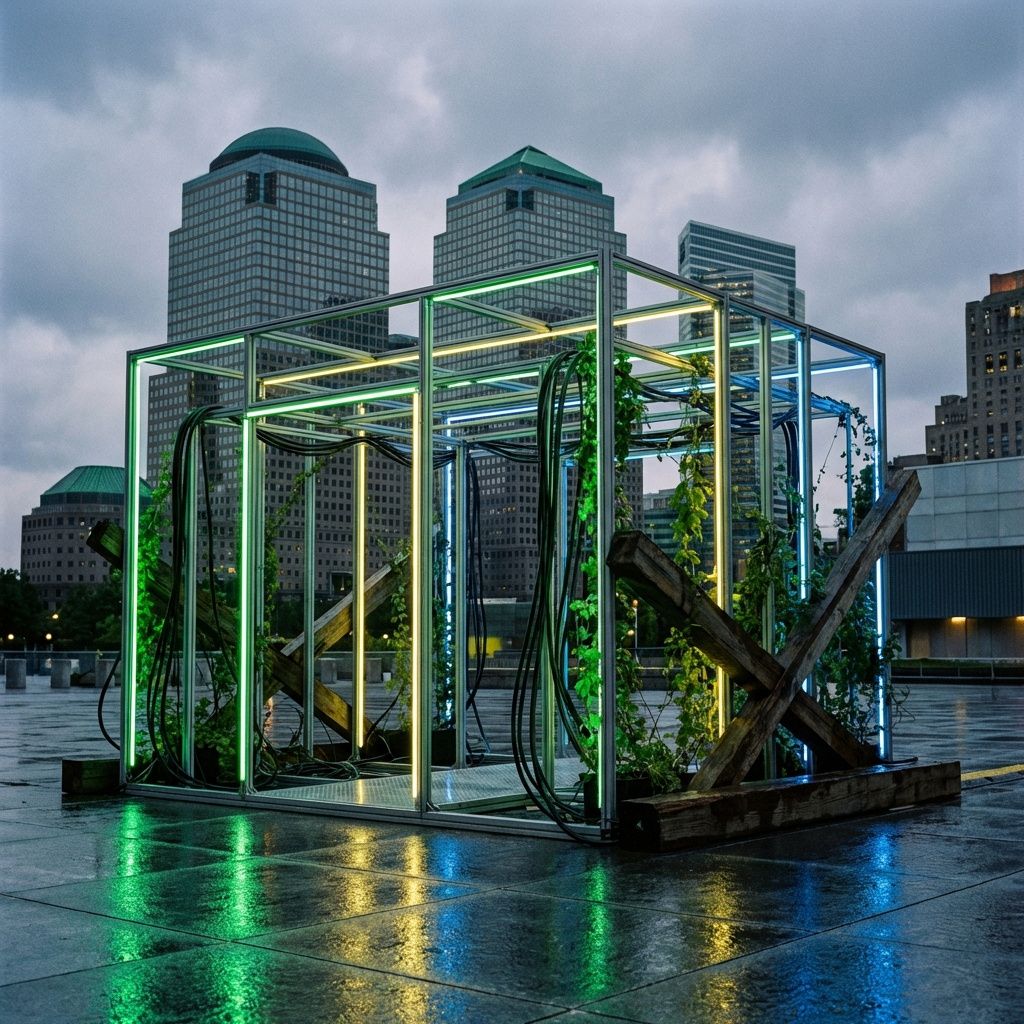 Forestil dig et stærkt, dokumentaristisk billede, hvor fokus er på en moderne byrumsinstallation, der symboliserer den komplekse forbindelse mellem teknologi, miljø og samfund. Midt i billedet er en stor, omridstegnet af en datacentral, fremstillet som en abstrakt, men realistisk struktur – måske en minimalistisk metalkonstruktion med integrerede LED-strips, der skifter farve i takt med energiforbruget eller miljøpåvirkningen. Rundt om står elementer som el-ledninger, grønne blade, og naturlige materialer, der symboliserer balancen mellem digital vækst og bæredygtighed, uden at inkludere mennesker direkte. Lys- og farvespil er subtilt og præcist; grønne, gule og blå nuancer indikerer energiforbrug, miljøpåvirkning og teknologisk innovation, mens de skarpe skygger og refleksioner på metaldetaljer tilføjer en følelse af realisme og alvor. Baggrunden er en urbant naturscene, hvor en byhimmel med skyskrabere og grønne tage antyder den offentlige debat og politikernes indflydelse. Billedet illustrerer en øjeblik