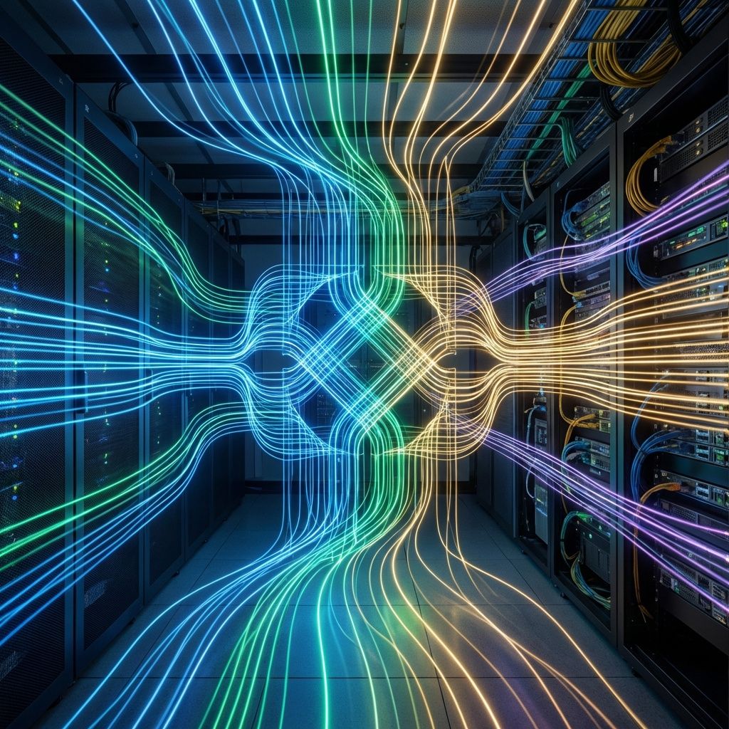 Det mest fængende og spændende billede, der bygger på abstrakte repræsentationer af artikelens emne, kunne vise en dynamisk, dokumentaristisk scene, hvor forskellige lag af data og AI-energi mestres i et moderne, teknologi-intensivt miljø. Forestil dig et rum uden mennesker, hvor flydende, lysende datalinjer og digitale energistrømme strømmer gennem luften i organiserede mønstre. Disse datastrømme symboliserer agentic applikationers hurtige udvikling, tilpasning og integration i samfundet, og de ændrer sig i intensitet og farvetone som en visualisering af den hastighed, hvormed AI løsninger implementeres. I midten af billedet kan der være et futuristisk, men alligevel realistisk, virtuelt netværkslandskab, hvor pulserende lyskonfigurationer illustrerer samspillet mellem sikkerhed, compliance og forretningsværdi. Det er et billede, der fremhæver det komplekse netværk af aktører, systemer og data, der uden at fremmedgøre, viser hvordan AI-teknologi er integreret i virkelighedens hverdag - en slags 