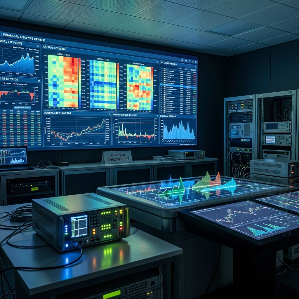Det mest fængende og spændende foto, der kan visualisere emnet i den midterste tredjedel af artiklen, kunne være en realistisk, dokumentaristisk skildring af en travl finansielanalysesituation i et moderne, high-tech miljø. Forestil dig en scene, hvor en stor, digital dataskærm fylder bagsiden af rummet og viser komplekse grafer, kurver og datamønstre, der repræsenterer ETF-flows, on-chain transaktioner og kapitalrotationer. I forgrunden er der ingen mennesker, men i stedet et sæt håndtere, der arbejder med fysisk dataudstyr – eksempelvis en avanceret datalink, et analytisk bord med fysiske modeller, eller interaktive datamodeller, der illustrerer de skjulte bevægelser i finansmarkedet. Det skaber en dokumentaristisk billedfortælling om, hvordan AI og dataanalyse er integreret i den virkelige, hektiske verden af finansiel overvågning. Billedet skal formidle den komplekse, men alligevel organiserede proces af data, hvor subtile bevægelser i markedet følges via fysiske og digitale værktøjer. Det skal fx indeho