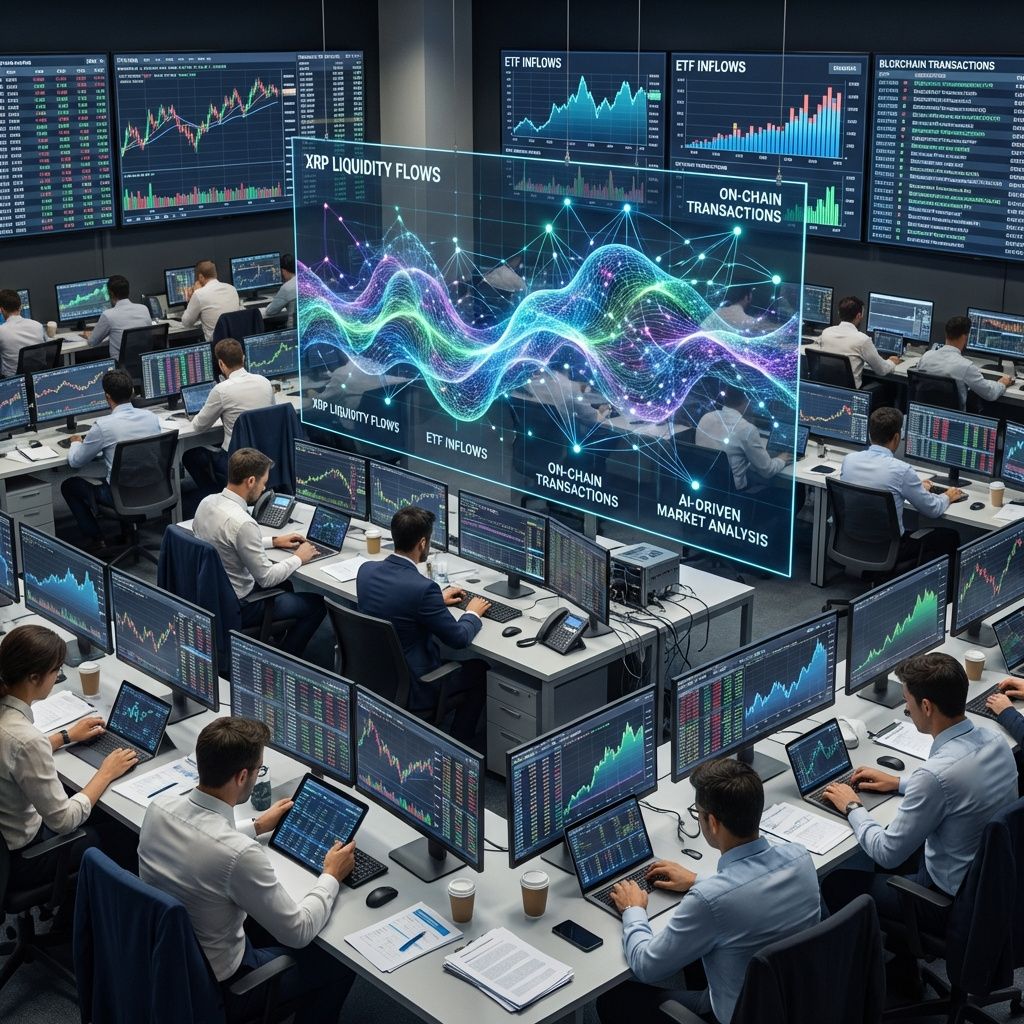 Det mest fængende og spændende foto, der kan visualisere den komplekse praksis i markedet midt i AIs rolle, er et realistisk, dokumentaristisk billede af en moderne handels- eller analyse-miljø. Forestil dig en overfyldt, hektisk handelsgulv eller kontrolrum med flere store skærme, der viser dynamiske grafer, dataflows, ETF-inflows og on-chain transaktioner – alting i klar, højopløst form, uden menneskelige ansigter i fokus for at understrege datadrevne processer. Rundt omkring sidder eller står professionelle analytikere med deres laptops og tablets, organiseret i små grupper, alle dybt engagerede i deres arbejde, men uden at fokusere på individuelle personer. I stedet er billedets centrale element en stor, transparent skærm, der visualiserer komplekse datanetværk og bevægelser, som minder om en levende, pulserende organism, der symboliserer markedets skjulte strømme og deres påvirkning på XRP, ETF-inflows og likviditetsrotationer. Billedet kommunikerer alvoren og dybden af det dataanalyserede marked uden a