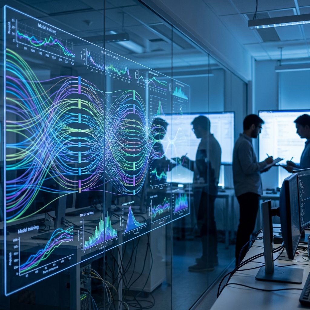 Mit foto skal afspejle den komplekse og præcise verden af syntetiske data og kunstig intelligens gennem en dokumentaristisk, realistisk linse uden sci-fi elementer. Jeg forestiller mig en scene taget i et laboratorie- eller forskningsmiljø, hvor der er et stort transparente vægpanel, der viser en dynamisk datastrøm med animerede, farverige visualiseringer af dataflow, constraints og modeltræning. Dette panel fungerer som et abstrakt kort over det virtuelle landskab, hvor data flyder i realistiske, flydende mønstre, og symboliserer både kompleksiteten og kontrollen i syntetiske datagenerationer. Omkring scenen kan der være forskere eller dataanalytikere i baggrunden, der med fokus ser på skærme eller skriver noter, men de er kun antydet i silhuetter for at fremhæve teknologien selv. Billedet har en velovervejet belysning med kølige, blå nuancer, der indkapsler en atmosfære af avanceret forskning og præcision, samtidig med at den abstrakte dataflow visualisering giver en dyb symbolik om kontrol, compliance og 