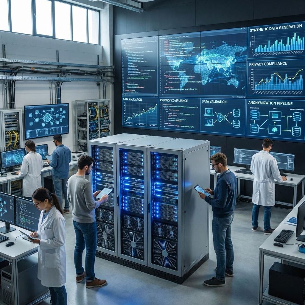 Det mest fængende og realistiske billede, der reflekterer emnet om syntetiske data i dagens miljø, er en dokumentarisk scene i en moderne laboratorie- eller udviklingsfacilitet, hvor infrastrukturelle elementer dominerer. Forestil dig en videovæg fyldt med dynamiske grafer, kode-ordstrømme og data visualiseringer, der illustrerer dataindsamling, forberedelse og validering. Midt i rummet står en stor, minimalistisk serverbank med kølige, blå LED-lamper, og omkring den aktiviteter, der viser samarbejde uden mennesker — nogle få tekniske assistenter, der arbejder med tablets, mens skærme projicerer visualiseringer af datarelationer og constraints. Atmosfæren er fokuseret, præget af en stemning af forskning og innovation, uden at personerne bliver centrum — det er teknologiens processer, der fortæller historien om dataens transformation fra følsomme til syntetiske, og det visuelle signalerer avanceret, men jordnær vardag for moderne datadrevet industri. Dette billede formidler den komplekse, men konstruktive pro