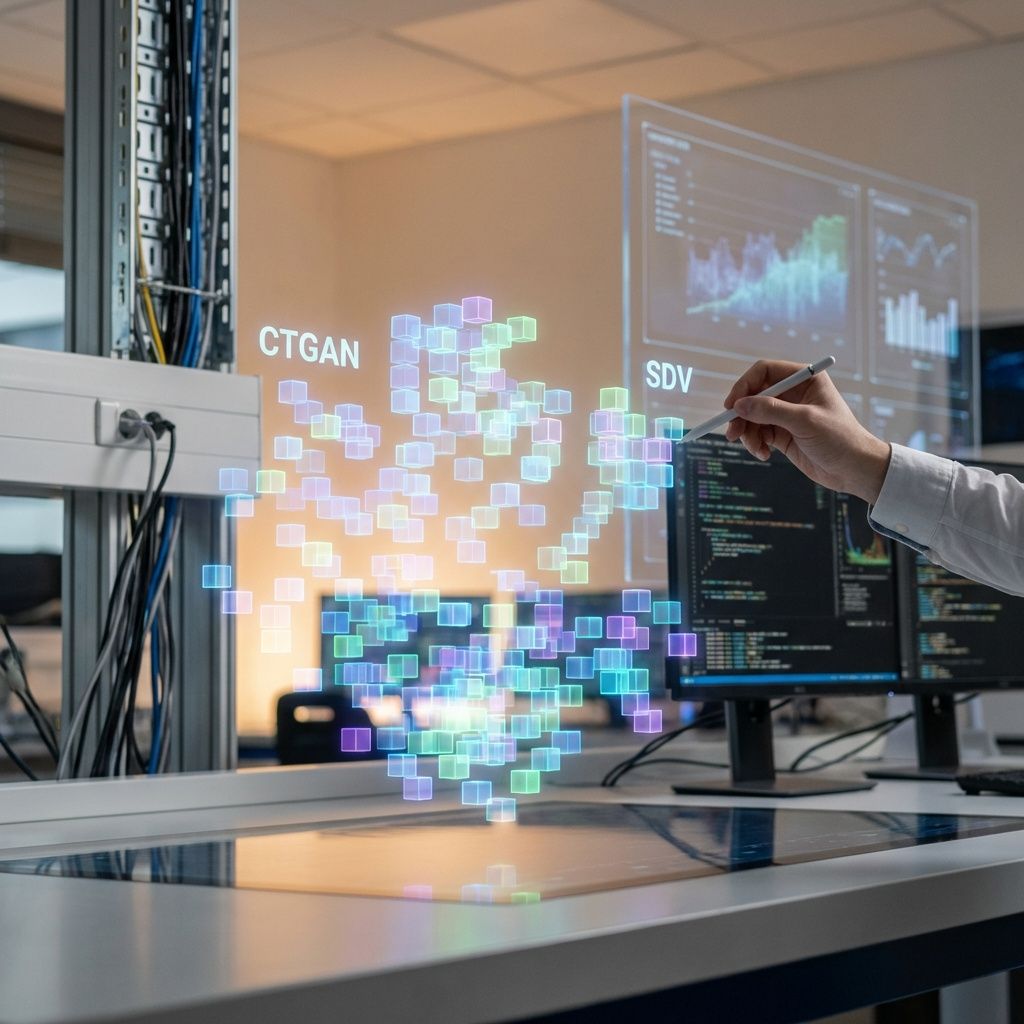 Forestil dig et nærbillede taget i en moderne, lysindbydende forskningsfacilitet, hvor et avanceret, minimalistisk hologram af en syntetisk datamosaik projiceres op i luften. Mosaikken består af tusindvis af små, farverige kuber, der glider og ændrer form i takt med, at en digital pen bevæger sig langs en usynlig kurve gennem luften. Disse kuber repræsenterer de syntetiske datasæt, der er genereret gennem CTGAN og SDV, og symboliserer den transformative kraft ved moderne datafremstilling; de ser næsten ud til at pulsere med liv og potentiale. Baggrunden er et neutralt laboratoriemiljø med subtile, teknologiske elementer—kabelstrukturer, avancerede skærme med kodemønstre, og store, transparente displaypaneler, der helt tydeligt afbilder datamønstre. Det er et realistisk, dokumentarisk billede, hvor fokus er på den abstrakte visualisering af data som et levende økosystem—et symbol på, hvordan syntetiske data bringer nyt liv til følsomme, forbudte datasæt, samtidig med at det forvandles til et værktøj i moderne