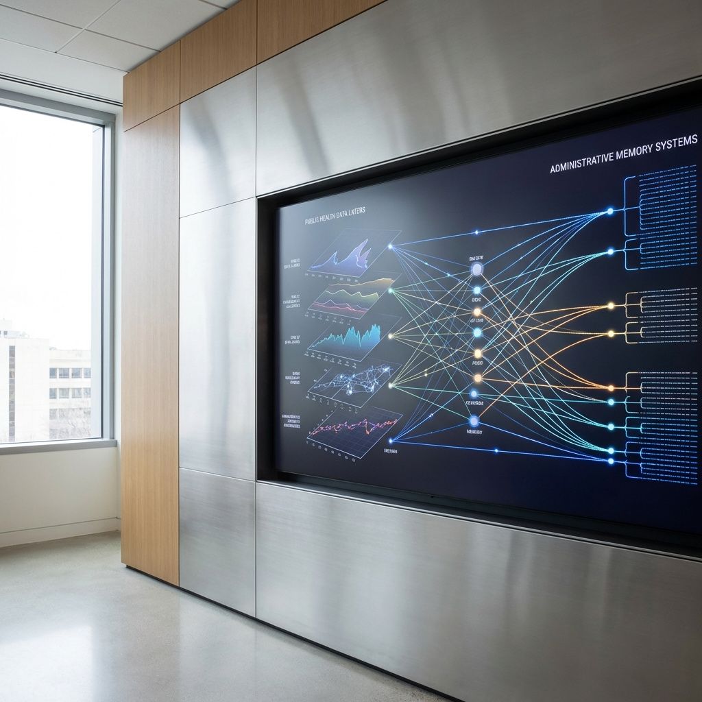 Forestil dig et nærbillede af en moderne, ryddelig kontorbygning, hvor en funktionelt designet, minimalistisk væg med et stort, digitalt display dominerer scenen. På displayet vises en kompleks, men velorganiseret grafer og ikoner, der symboliserer lagdelte data og hukommelsesstrukturer, med subtile lysende linjer, der forbinder forskellige elementer – alle uden at fokusere på personer. Atmosfæren er præget af naturligt lys gennem store vinduer og afspejler en dagligdags, realistisk arbejdsproces, hvor teknologi effektivt organiserer information uden behov for menneskelige ansigter eller kontorlandskaber, hvilket fremhæver emnet om struktureret, selvorganiserende memory-systemer i AI. Denne scene omfavner en dokumentarisk visualisering af, hvordan avanceret teknologi for eksempel anvendes til at styre, sortere og organisere data i offentlige strukturer eller sundhedssektoren, uden at fremhæve individer, men i stedet fokusere på de symbolske elementer: sammenkoblede noder, lagdelte grafer, og subtile, farvede