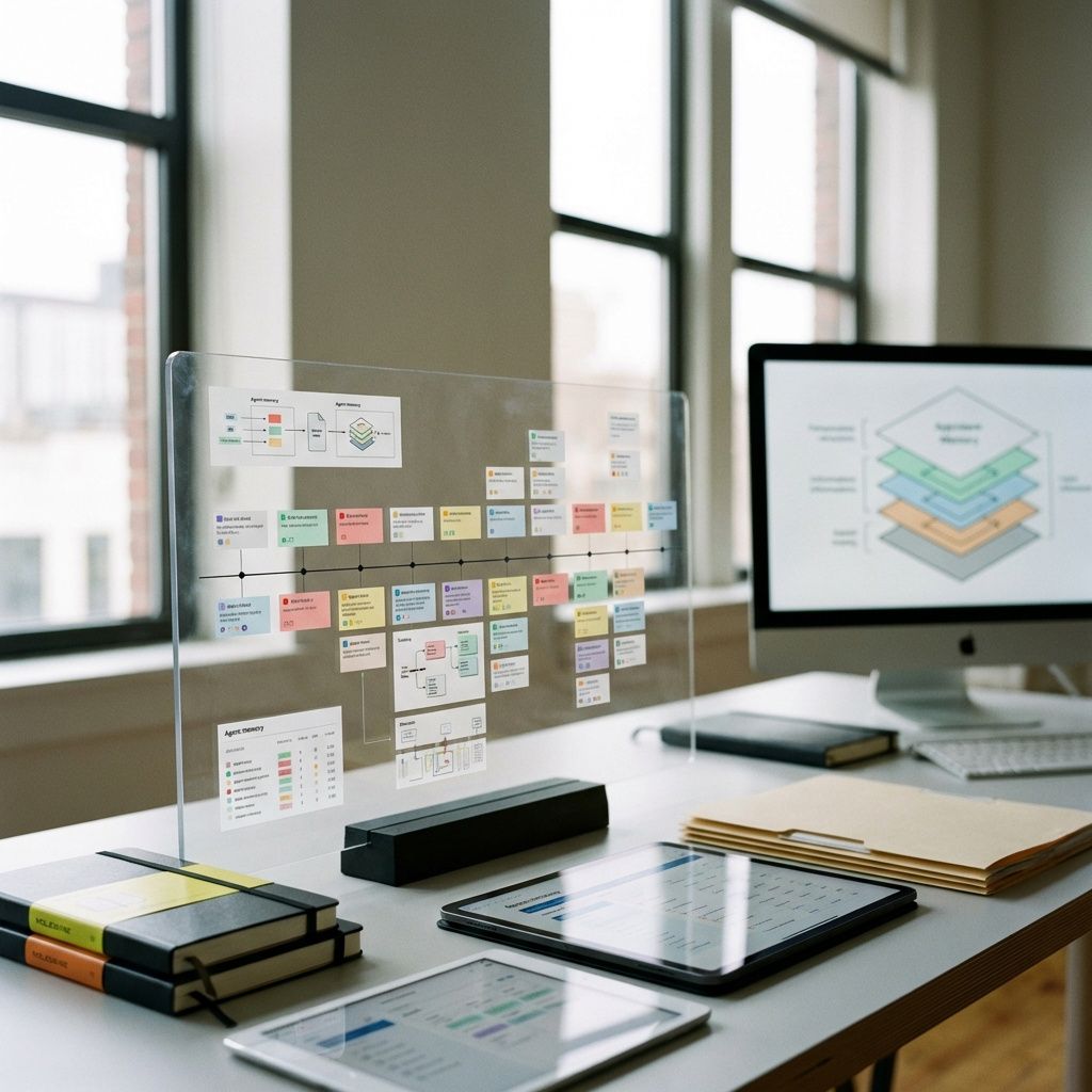 Et dokumentaristisk og realistisk billede, der visuelt formidler betydningen af agent-memory i en moderne, struktureret arbejdskontekst, kan forestilles som en nærbilledoptagelse af en velorganiseret, minimalistisk arbejdsstation. I fokus står en stor, transparent tavle eller skærm, der viser en kompleks, men overskuelig tidslinje med små, farvekodede kort og diagrammer, der symboliserer vigtige data-enheder og deres relationer. Omkring er stedet præget af en rolig, lys indretning med naturligt lys, der siver gennem store vinduer, og en flad overflade med organiserede notesbøger, åbne tablets og et par traditionelle dokumentfiler. Billedet fanger essensen af en nutidig arbejdsproces, hvor struktur og klarhed er i centrum, uden menneskefigurer, hvilket understreger teknologiens rolle i at skabe overblik og pålidelighed i hverdagen. I baggrunden kan man lige netop anes en computerskærm med et visualiseret eksempel på en strukturering af informationslag, symboliserende agent-memory-systemets indre funktion. Fok