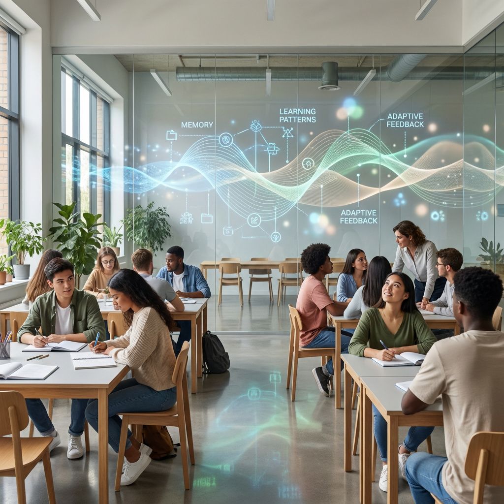 Forestil dig et dokumentarisk, realistisk billede, der fanger en skoleklasse i en moderne, lyse omgivelser, hvor et digitalt læringsmiljø er i centrum. I stedet for at vise elever direkte foran computere, fokuseres der på et abstrakt visualisering af teknologien, der arbejder i baggrunden – en stor, gennemsigtig skærm fyldt med flydende, farverige datastreams og sammenflettede symboler, der repræsenterer hukommelse, læringsmønstre og adaptiv feedback. Rummet er fyldt med naturligt lys, og refleksioner fra de digitale elementer skaber en subtil bevægelse, der antyder en aktiv, intelligent system, der følger elevens læringsproces uden den typiske teknologisering af personer. De små detaljer, som nogle elever, der er dybt engagerede, noterer i deres bøger eller kigger op mod informationsskærmen, underbygger realismen af en nutidig, avanceret uddannelsesmetode uden at vise de faktiske computerarbejdsstationer direkte. Billedet illustrerer, hvordan teknologi i dagligdagen transformerer læring på en diskret og ele