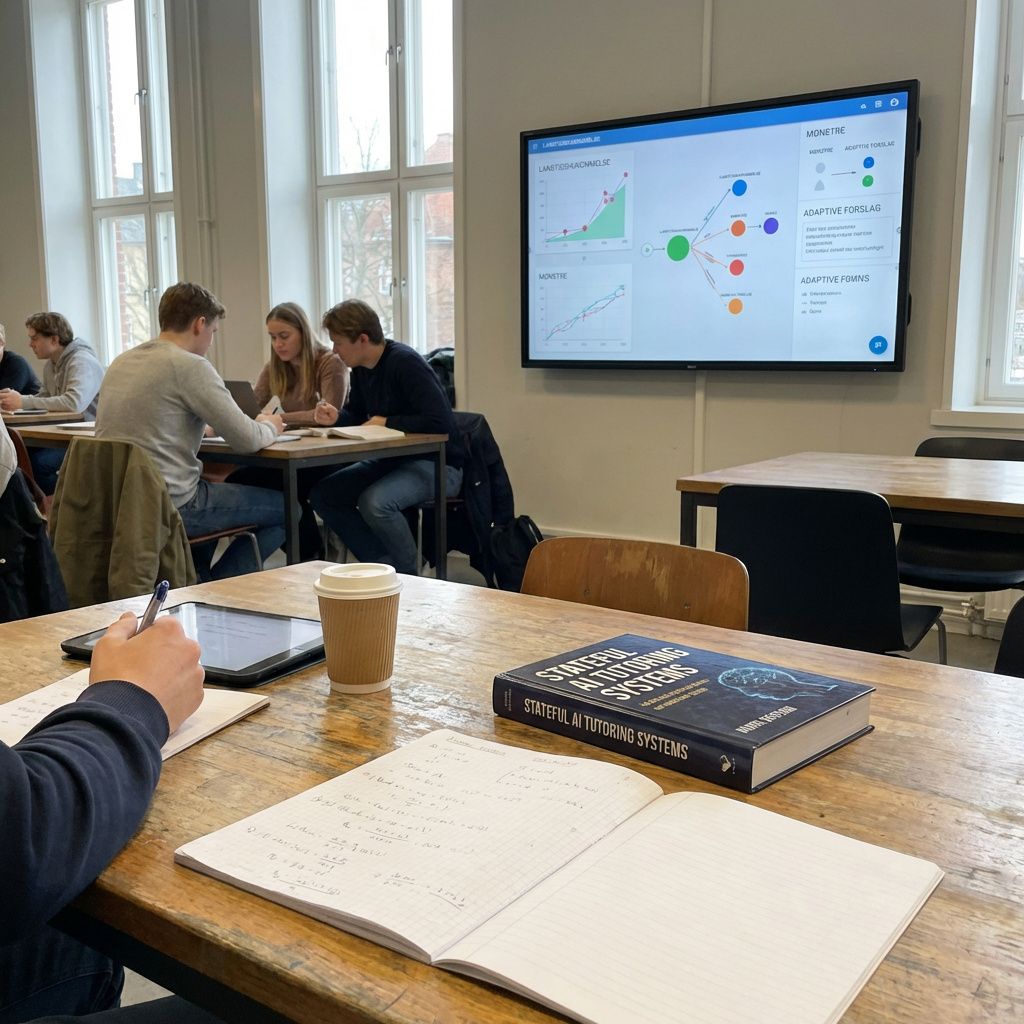 Det mest fængende og realistiske billede, der afspejler emnet omkring stateful AI-tutorer, kunne være et nærbillede af en moderne, læringsmiljøskontekst, hvor en elevs opgavebog og noter ligger åbne på et bord, og i baggrunden ses en stor, velbelyst tavle eller skærm, der viser dynamiske data-visualiseringer. Billedet kan vise en fysisk, hverdagsagtig situation med elever, der arbejder på opgaver, mens et diskret, interaktivt display i rummet visualiserer en langtidshukommelse, mønstre og adaptive forslag, der er én med teknologisk realisme uden at virke overstylish eller futuristisk. Det symboliserer, hvordan AI-styrede tutor-systemer arbejder aktivt i nutidens læringsmiljøer – et diskret, men kraftfuldt element, der understøtter elevens læring i det daglige .