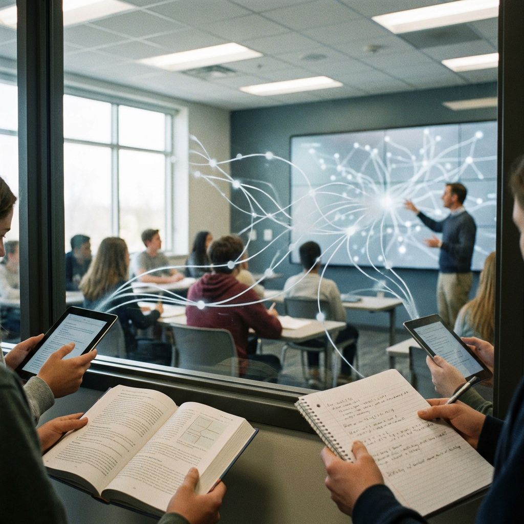 Det mest fængende og spændende foto, der kan illustrere emnet om stateful AI-tutorer i praksis, bør fokusere på en abstrakt, dokumentaristisk repræsentation af læringsprocessen i et moderne teknologisk miljø. Forestil dig et billede af en skoleklasse, set udefra, med små, tydeligt mærkede kropslige elementer – f.eks. hænder, der holder tablets, bøger eller notesbøger – og i baggrunden en digital skærm eller væg med integrerede dataflow-linjer i frostede, delvist usynlige spor, der symboliserer hukommelse og læringsmønstre. Denne visuelle metafor viser, hvordan informationen