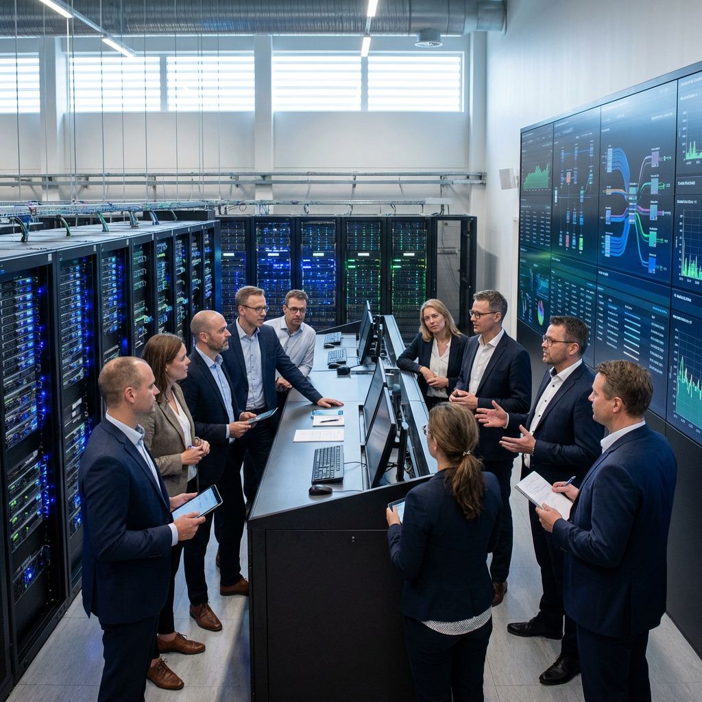 Det mest fængende og realistiske billede, der kan illustrere emnet i den midterste tredjedel af artiklen, er en gruppe offentlige medarbejdere, der aktivt arbejder med AI-infrastruktur i en moderne, hjælpsom miljø. Billedet viser en stor, åben datacenter- eller kontrolrumsmiljø, hvor komplekse server- eller netværksudstyr er arrangeret med ren, funktionel æstetik, uden menneskelig tilstedeværelse ved computerskærme. I stedet kan man visualisere en lang række dataskabe med synlige LED-lys, der symboliserer kapacitet og teknologi, omgivet af medarbejdere i formelle tøj, der er i dialog om systemerne og deres implementering. En subtil detalje kunne være en stor, digital skærm, der visualiserer netværksstrømme og dataflow i realtid, hvilket illustrerer den praktiske anvendelse af AI-infrastrukturen i et offentligt miljø uden at fokusere på individer. Atmosfæren bygger på realisme med fokus på teknologi og proces, men uden overdrivelse eller clichés, hvilket giver et stærkt, dokumentarisk indtryk af den danske inn