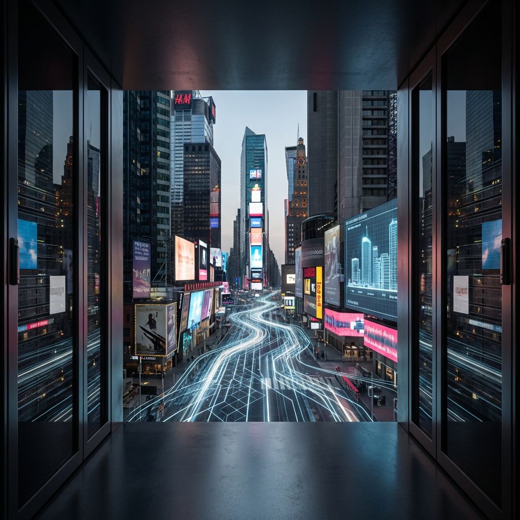 Det mest fængende og realistiske billede, der repræsenterer emnet i artiklens første tredjedel, skal visualisere den komplekse dynamik mellem AI-teknologiens potentiale og den menneskelige arbejdsindsats i nutiden uden at bruge mennesker i fokus. Forestil dig et nærbillede af en kontinentalsk storby i skumringen, hvor skyskrabere og blændende reklameskilte spejler sig i en rig, metallisk overflade, der minder om den reflekterende overflade på en avanceret server. Midt i billedet, som et abstrakt kunstværk, er en digital installation bestående af elegante lysstrømme og geometriske mønstre, der flyder gennem bybilledet som et netværk af data – en visuel metafor for AI’s infrastruktur, der kontinuerligt forbinder os alle, men samtidig skaber et tilsyneladende kaos af information. Dette billede skal fremhæve, hvordan teknologi er integreret i hverdagen – ikke blot som maskiner, men som en usynlig kraft, der former vores miljø og adfærd – uden at personificere det gennem mennesker. De skarpe lysstrømme, der snor