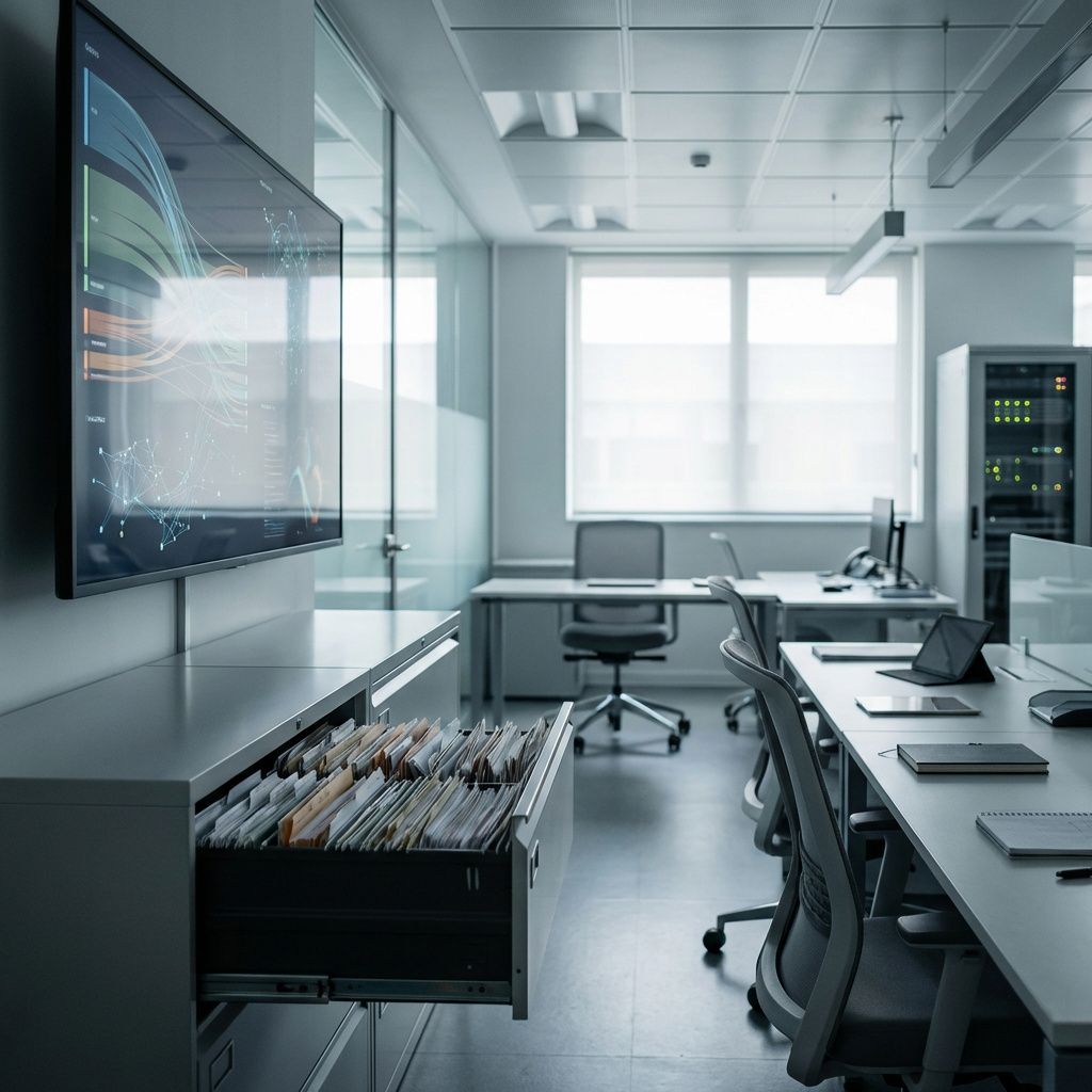 Mit valgt motiv til et fængende, realistisk foto, der abstrakt repræsenterer emnet i artiklen, er en dokumentaristisk scene fra en administrativ eller team-centreret arbejdsplads, hvor stor skala AI anvendes til datahåndtering og kommunikation. Billedet viser en gruppe mennesker i stille, organiserede og moderne omgivelser, hvor der er tydelige tegn på digital aktivitet – arkiver, dataskærme, papirløse kontorpladsressourcer – men uden direkte at vise personer ved computere eller ved købmandskassebordet. I stedet fokuseres der på subtile elementer såsom en åben arkivskuffe med papirer, en stor digital skærm, der viser visuelle dataoverlejringer, og organisationens infrastruktur, der understøtter storstilet data-krav. Det abstrakte element ligger i de visuelle symbolske data-flows, de organiserede kaos, og de bløde, diffuse lys, der overskrider det rene teknologiske for at skabe en følelse af dagligdags effektivitet og økonomisk sparing — og dermed afspejler hvordan AI’s prisfald kan integreres i samfundets str