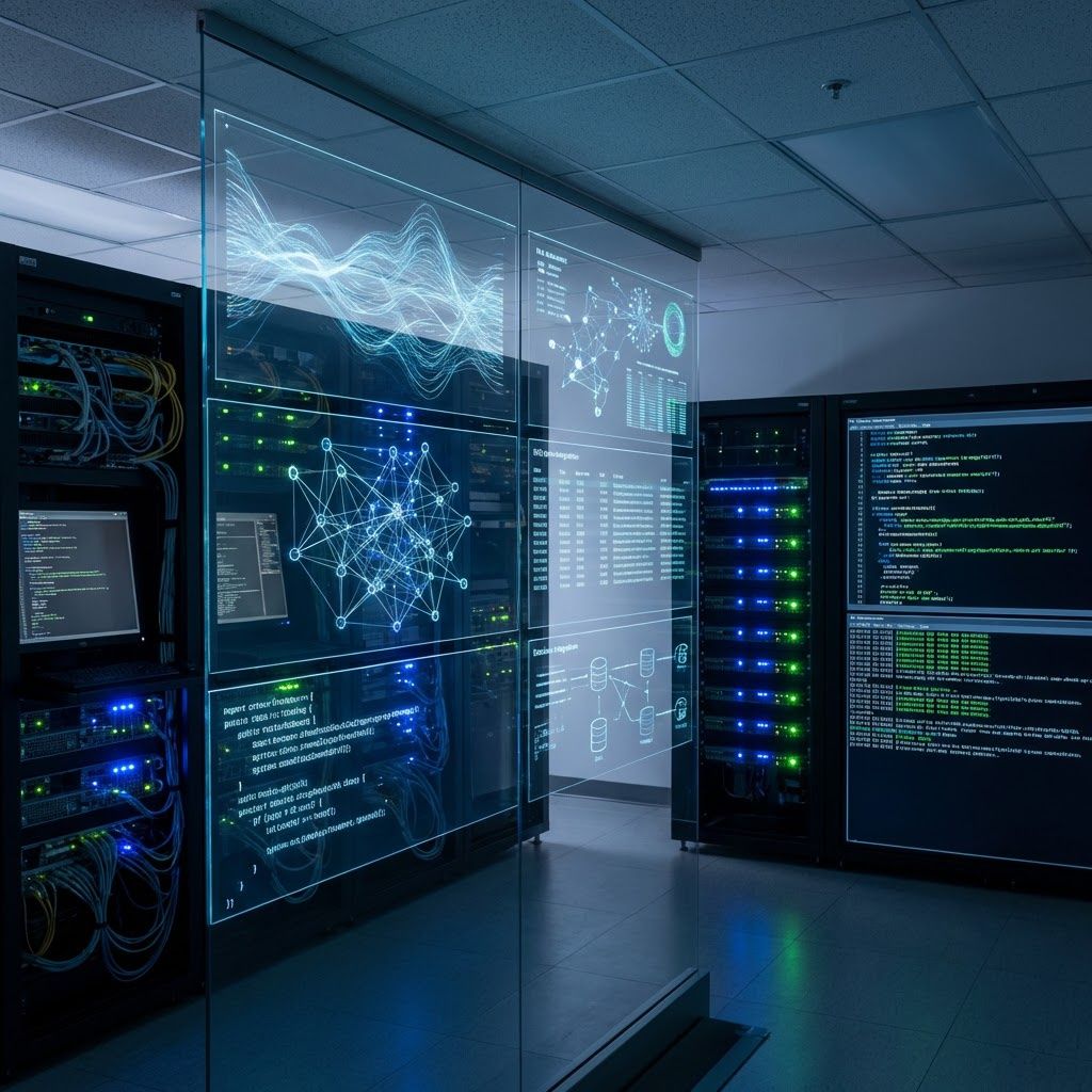 Dette fotografi vil fange en realistisk og dokumentaristisk stemning af en moderne teknologisk dagligdag, hvor kompleksiteten af datalag og integrationer vises gennem abstrakte visuelle repræsentationer. Billedet forestiller et futuristisk, men alligevel realistisk datasenter eller et forskningslaboratorium, hvor store, transparente skærme med flydende grafikker og netværk af sammenkoblede datapunkter dominerer rummet. Disse skærme illustrerer lag af data, som bliver streamet og synkroniseret i realtid, hvilket reflekterer kompleksiteten af RAG-stacks og databaseintegration, uden at vise mennesker direkte. I stedet ses subtile elementer som kabler, servere med blinkende LED-lys, og operatorskærme med kodemeddelelser, hvilket understreger den teknologiske dybde og realismen i det moderne miljø. Baggrundsdetaljerne bringer en atmosfære af ro og kontrol, med fokus på funktionalitet snarere end æstetik, og fremviser det komplekse interiør i et avanceret datacenter eller forskningsmiljø. Billedets lys er dæmpet m