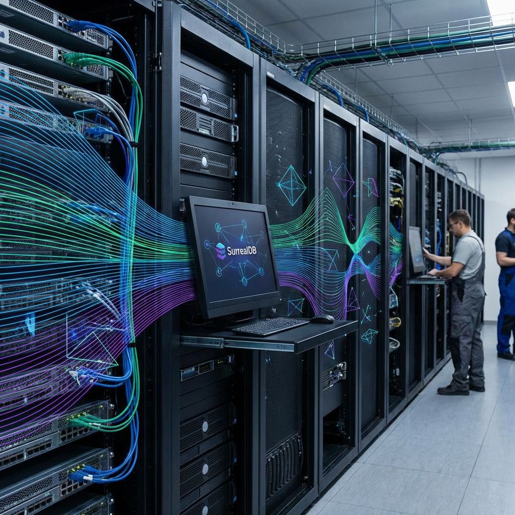 Det mest fængende og relevante foto, der kan visualisere emnet i artiklens sidste tredjedel, er en dokumentaristisk, realistisk billede af en moderne IT-infrastruktur i et datacenter, hvor kunstig intelligens og dataflow er i centrum. Forestil dig en scene, hvor store, moderne servere og netværksudstyr er arrangeret systematisk, mens visuelle, abstrakte data- og vektorgrafikker trist kan ses strømme gennem kabler og på monitorer. Disse grafiske elementer symboliserer den komplekse sammensætning af lag, relationer og AI-data, og hvordan nye databaser som SurrealDB stræber efter at samle det hele på ét sted, hvilket skaber et kraftfuldt, men organiseret visuelt billede af avanceret databehandling. Det er en realistisk scenografi, der fokuserer på teknologiens hårde komponenter og dataflows uden at fremstille det som sci-fi, men som indfanger den komplekse, integrerede verden af moderne databaser og AI-integration. Billedet understreger den teknologiske dybde og kompleksitet, samtidig med at det visualiserer en
