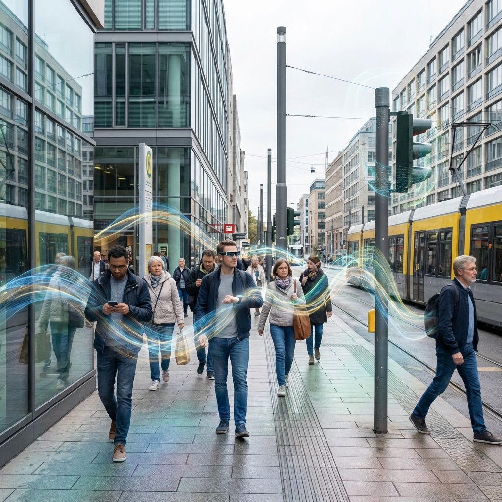 Det mest fængende og spændende billede til artiklen er et realistisk, dokumentaristisk optagelse af en moderne bymiljø med fokus på integrationen af AI-teknologi i dagligdagen. Forestil dig en travl gade, hvor folk uventet interagerer med usynlige AI-systemer, visualiseret gennem subtile, abstrakte repræsentationer af databevægelser — som flydende, skimrende energistrømme, der følger personerne i et naturligt miljø. Disse energistreams visualiserer dataflow, AI-analyser og overvågningsmekanismer, der setter sig som lette, transparente lag over det moderne miljø, eksempelvis en person, der går gennem en byzone med smarte lys- og lydsensorer, mens virtuelle informationsstrømme glider over deres omgivelser i bløde bevægelser. Billedet skal være realistisk i sin gengivelse af det nutidige miljø, men med en kunstnerisk sans, der understreger teknologiens udefrakommende, men integrerede tilstedeværelse i hverdagen. Dette billede formidler en hverdagssituation, hvor teknologien er så integreret i vores omgivelser,