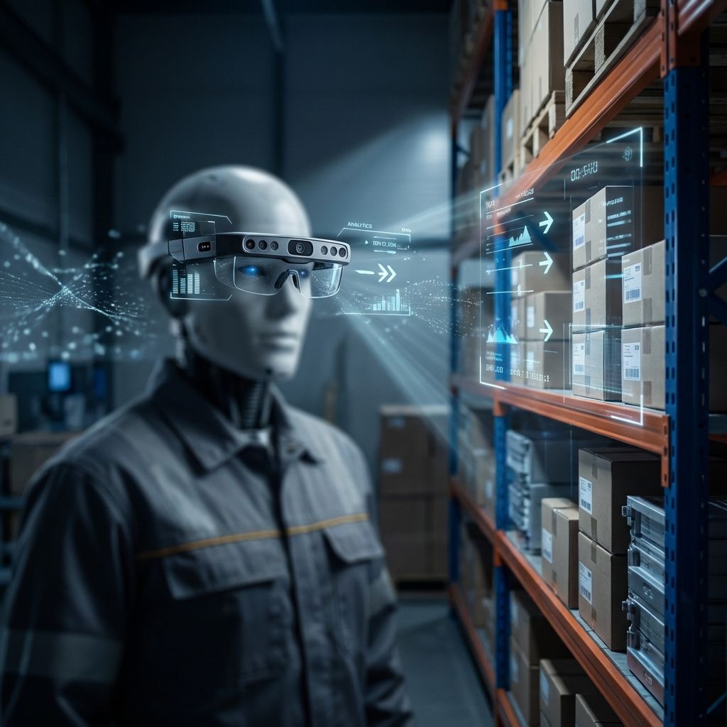 Det mest fængende og realistiske billede, der kan illustrere emnet i den midterste tredjedel af artiklen, er et fotografi af en moderne, velbelyst lager- eller produktionsfacilitet, hvor AI-wearables er i aktiv brug uden at inkludere mennesker i fokus. Forestil dig en scene, hvor en personlignende robot eller en professionel i arbejdstøj bærer en smart brille med avancerede sensorer og kamera, der scanner og analyserer varer i en hylde eller et produktionsbål, mens data visualiseres som holografiske overlay i luftlaget omkring enheden. Lagerhylder fyldt med varer omslutter scenen, og fleksible, fleksible algoritmer visualiseres gennem subtile, abstrakte grafikker, der antyder realtidsdata og automatisering, uden at give for meget fokus på personen selv. En lav natscene med fokuseret belysning fremhæver det teknologiske hardware, hvilket symboliserer den kraftfulde integration af AI og fysiske processer i nutiden, og illustrerer hvordan cutting-edge teknologi anvendes i konkrete erhvervsindsatser uden menneske