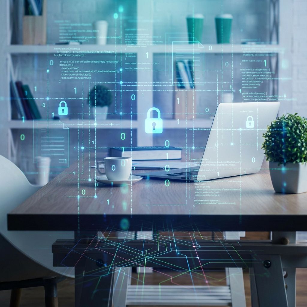 Det mest fængende og spændende billede for artiklen om fejlen i Office 365 og Copilot AI’s adgang til fortrolige e-mails skulle visualisere den komplekse, abstrakte risiko for datalæk, hvor teknologi møder det hverdaglige informationsflow. Forestil dig et fotografi, der viser en almindelig kontorbordplade set gennem en omfattende, lagdelt visualisering af data og kode – symbolsk repræsenterende den digitale verden og dens skjulte sårbarheder – men uden mennesker. Over bordet svæver translucent lag af cifre, dokumenter og låste ikoner, der glider og samles som et netværk af tipper, næsten som en digital