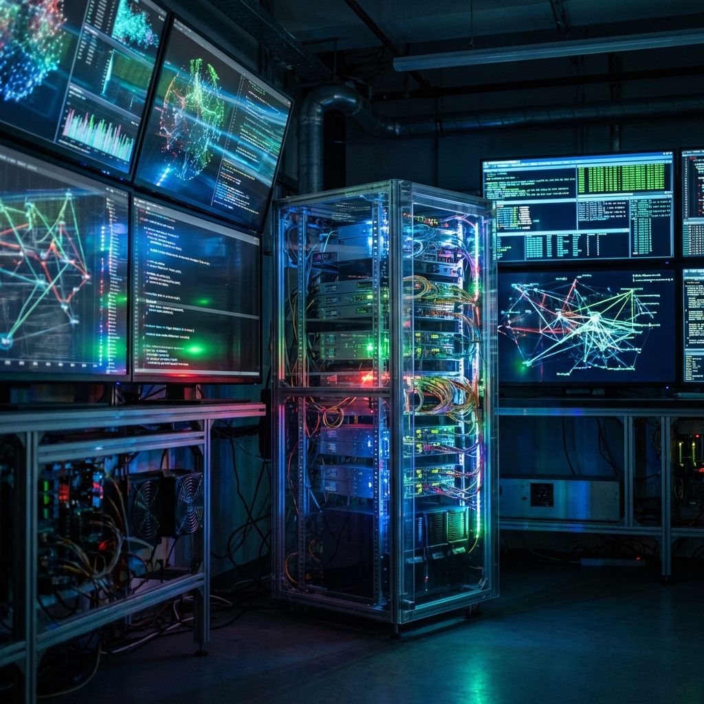 Forestil dig et dokumentarisk, realistisk billede taget i en moderne data- og AI-operationscentral, hvor flere skærme fylder rummet med komplekse, abstrakte visualiseringer af datastrømme, kodelinjer og netværk. I midten er en stor, transparent serverrack, der symboliserer de immense datamængder, der flyder gennem et avanceret digitalt økosystem. Billedet mangler menneskelige figurer, men viser i stedet tætte, fokuserede observationer af den teknologiske infrastruktur, hvor kraftfulde, skiftende lys møder den mørke baggrund – som et visuelt kort over den usynlige, men vitale måde datasystemer kommunikerer og kan fejle. Det skaber en visuel fortælling om de komplicerede og sylespidse lag af datasikkerhed, hvor fejl opstår, og hvor risikoen for dataeksponering er konstant til stede.