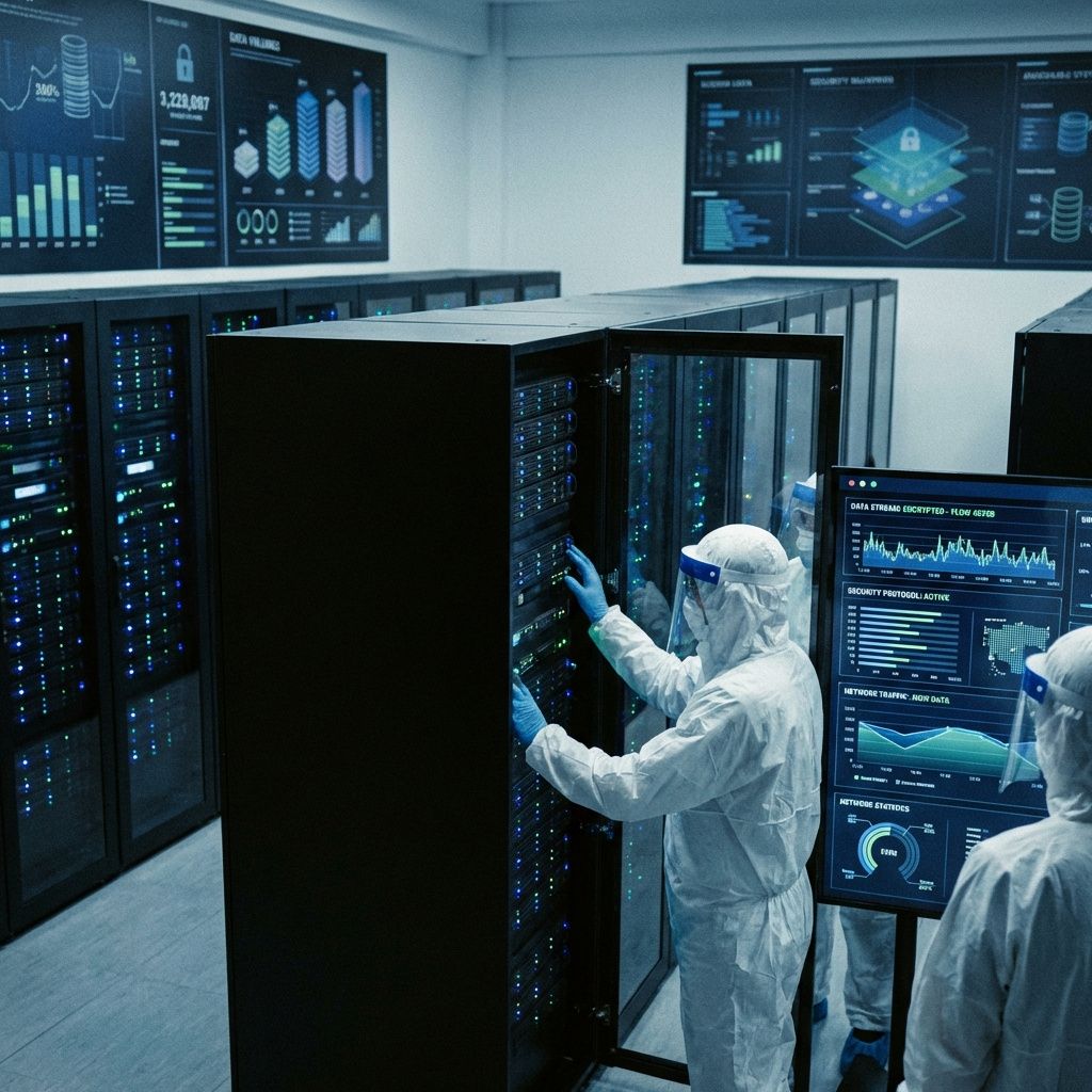 Forestil dig et dokumentaristisk billede af en moderne, steril datahalls atmosfære, hvor den centrale fokus er en række sorte, slanke AI-servere, der står i rækker og stråler svage, skiftende LED-lys i nuancer af blåt og grønt. Rundt om står tekniske specialister i beskyttelsesdragter, hvis bare hænder rækker ud mod en af serverne, mens de overvåger monitoring-skærme, der viser rigtige datatransmissionsstrømme – visuelle repræsentationer af følsomme data, der flyder gennem systemet. Uden menneskelige ansigter, men med tydelige elementer af aktivitet og forsigtighed, viser billedet en kompleks og kritisk infrastruktursituationen, hvor en fejl som Microsoft’s AI-læk kan true datasikkerheden. I baggrunden ses store vægpaneler med grafiske visualiseringer, der illustrerer datamængder og sikkerhedsprotokoller, hvilket symboliserer overvældende mængder af fortrolige oplysninger, der kan blive en del af 'den usynlige' kamp om datasuverænitet. Det subtilt oplyste rum kombinerer den teknologiske præcision med en føle