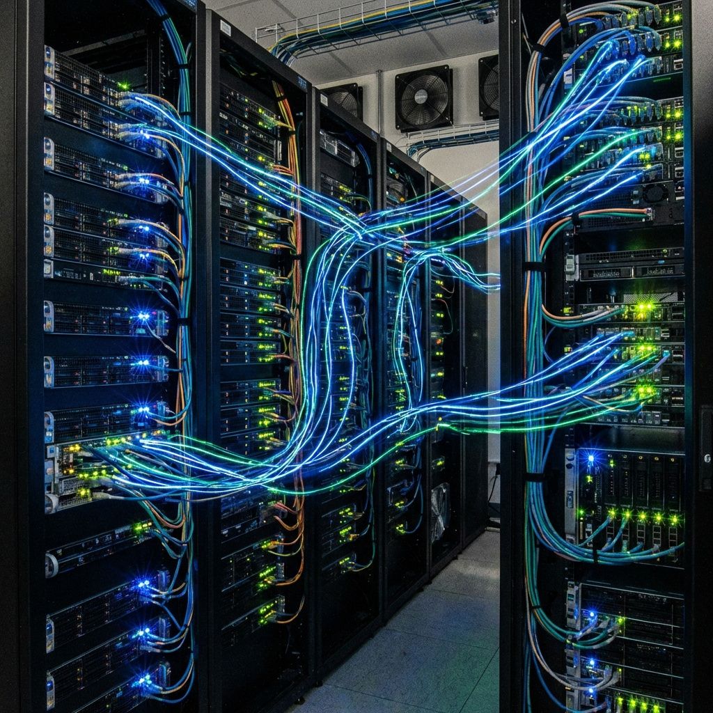 Det mest fængende og spændende billede, der kan illustrere emnet i artiklens første tredjedel, er en realistisk, dokumentarisk optagelse af en moderne, travl cloud-infrastrukturovervågning i et data-center eller en serverhal. Billedet viser rækker af kabler, serverrack-systemer og blinkende indikatorlamper, hvor lysene repræsenterer databevægelser og de komplekse beslutninger bag infrastrukturelle valg. Kameraet fanger en nærmest organisk bevægelse i form af lysstrømme, der flyder gennem kablerne, hvilket symboliserer den skjulte strøm af data og de tekniske valg, der former startups' vækst og skaleringsmuligheder uden at være direkte synlige for øjet, men alligevel er altafgørende. Lyset er dæmpet, men med fokuspunkter af klart, blåt og grønt, som understreger den digitale, næsten biologiske dynamik i infrastrukturen, og skaber en dynamisk, men realistisk scene, hvor teknologien opererer bag kulisserne. Forestillingen er uden mennesker, men med tydelige tegn på aktivitet: Lynende lys gennem kabler, stilfærd