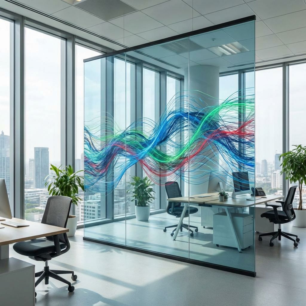 Det mest fængende og spændende foto, der kan repræsentere emnet i artiklen, kunne være en realistisk gengivelse af et moderne kontorlandskab, hvor en stor, transparent glasskærm viser visuelle, abstrakte datastrømme i form af farverige, flydende linjer, som glider gennem rummet. Disse datastrømme kan fremstå som komplekse, men organiserede mønstre, der symboliserer den forsøgte beskyttelse af følsomme data, og visualiserer den komplekse enhed, hvor sikkerhedssystemer kan svigte. Det vil skabe en ægte dokumentaristisk stemning af højteknologisk aktivitet uden at overdrive, og skabe en visualisering af den usynlige kamp for dataintegriteten, som artiklen handler om, med fokus på realisme og hverdagsindretning i et nutidigt miljø. Billedet skal indeholde elementer som en moderne, lys indretning med åbne gulv-til-loft-vinduer, der antyder en høj-beskyttet, men tilgængelig digital atmosfære, hvor datastrømme flyder genne