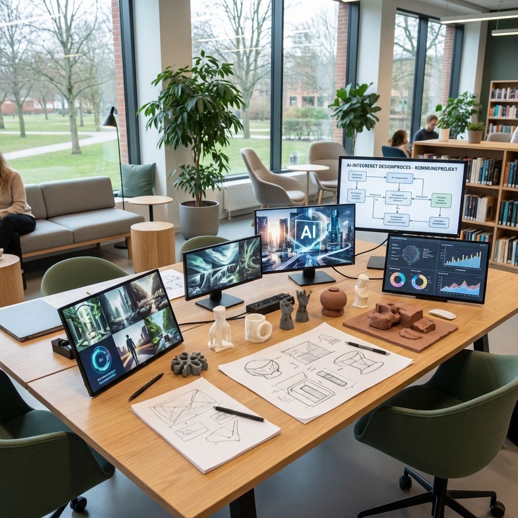 Forestil dig et nydeligt, realistisk billede, der fokuserer på en gruppe lokale, professionelle værktøjer og materialer, arrangeret i en moderne arbejds- eller undervisningsindstilling, hvor teknologiens indflydelse er tydelig uden at være centrum. Midt i billedets midterste tredjedel er et stort, åbent bord med visuelle elementer som skitser, fysiske prototyper, og LED-skærme, der viser grafiske data og analyser, der illustrerer, hvordan AI-billedgenerering integreres i daglig praksis. Rummet er indrettet med naturligt lys, plantedelementer, og moderne, funktionelle møbler, hvilket skaber en stemning af innovation i en hverdagsagtig, offentlig kontekst, fx i en skole, kommune eller bibliotek, hvor teknologi er et redskab, og ikke et isoleret, futuristisk element. Det centrale motiv skal fremhæve den praktiske anvendelse af AI-værktøjer, som visualiserer, hvordan komplekse data og kreative processer er blevet en integreret del af dagligdagen, uden at fokusere på mennesker i face, men snarere på symbolik ge