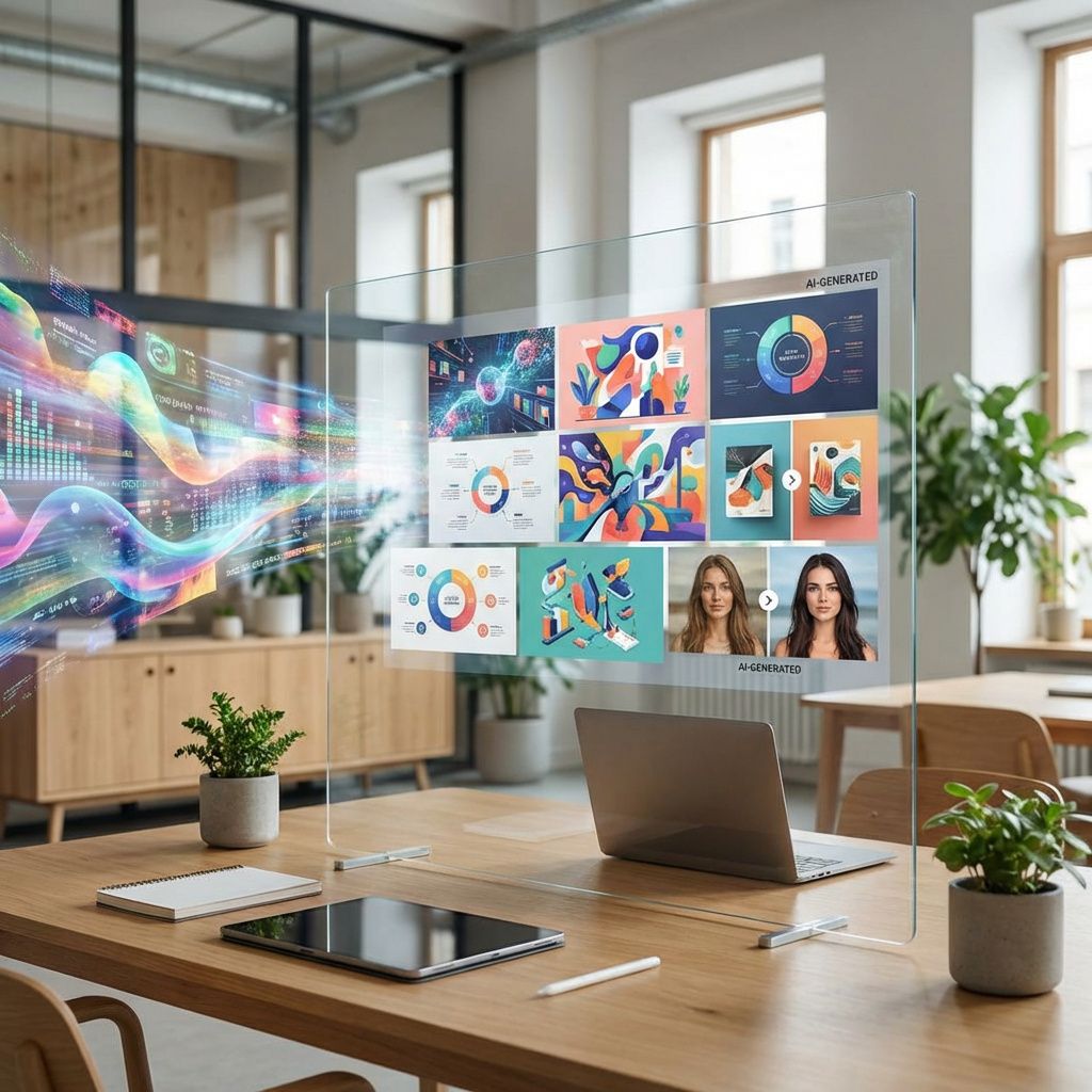 Et fængende og realistisk billede, der illustrerer emnet i den sidste tredjedel af artiklen, kunne være en nærstudie af en moderne, minimalistisk arbejdsstation i et åbent, nytidigt kontormiljø. Inspirationen er en projektion af en stor, farverig AI-genereret billedformation, der swipper ind i en stor, transparent skærm eller væg – et visuelt konverteringspunkt mellem manuel design og AI-bearbejdning. Denne skærm viser en collage af eksempelbilleder: illustrationer, diagrammer og små ændringer i et billede, alle tilsyneladende genereret med AI-værktøjer som Diffusers. Baggrunden er fyldt med naturlige materialer, planter og lysindfald, hvilket understreger, at denne teknologi er en integreret del af en nutidig, arbejdsdrevende dagligdag uden at fokusere på mennesker. Visualet balancerer realistiske hverdagsobjekter med et abstrakt lag, hvor kunstnerisk dataflow og visuel manipulation fremstår som en naturlig forlængelse af det nyeste teknologiske miljø — en scene, der illustrerer, hvordan AI-forvandling af v