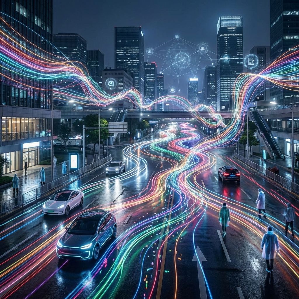 For at skabe et fængende, dokumentaristisk billede, der repræsenterer teknologiens indvirkning på compliance i AI, forestil dig en urbanoverflade i stil med en moderne bys nattemiljø, hvor dataadskillelige, abstrakte strømme af lys flyder gennem gaderne. Disse lysstrømme visualiserer datastreams i realtid, som bryder sammen og omskabes i øjeblikket, hvilket symboliserer den uafhængige, selvlærende karakter af AI-systemer og deres kontinuerlige, uforudsigelige evolution. Over dette sceneri svæver autonome transportmidler og mennesker i bevægelse, uden direkte menneskelige interaktion, hvilket indkapsler essensen af en verden, hvor teknologi håndterer kritisk compliance uden menneskets intervention, men hvor regulatoriske checks stadig holder systemerne i skak. Billedet afviser cliché-visualiseringer af datacenters eller personlige brugere og fokuserer i stedet på den nære virkelighed: et bybillede med pulserende lys, der symboliserer kompleksiteten og hastigheden i moderne compliance-processer. Det kommunik