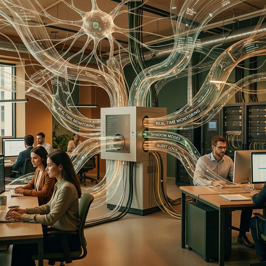 Det mest fængende og spændende billede skulle visualisere den abstrakte kompleksitet af AI compliance i en dokumentaristisk, realistisk stil. Forestil dig en tæt, næsten organisk struktur af netværk og datastrømme, der breder sig gennem luften som transparente, flydende lag mimet efter neurale netværks visualiseringer, men uden science fiction-elementer. Disse lag omslutter en central, minimalisk maskine eller node, hvor data løber ind og ud i strømme, der symboliserer realtidsmonitorering, shadow modes og audit logs i aktion. Dette skaber en følelse af, at teknologien er en levende, integreret del af den arbejdsproces, der sikrer compliance og overvågning – en slags digitalt økosystem, der er både naturligt og kraftfuldt. Dette billede skal formidle det komplekse, men essentielle sammenhæng mellem overvågning, fejlretning og regulatorisk ansvar, uden at fremstå mekanisk eller stereotyp. Det skal tilgå den dokumentaristiske æstetik ved at anvende en varm, jordnær farveskala for at understrege, at teknologie