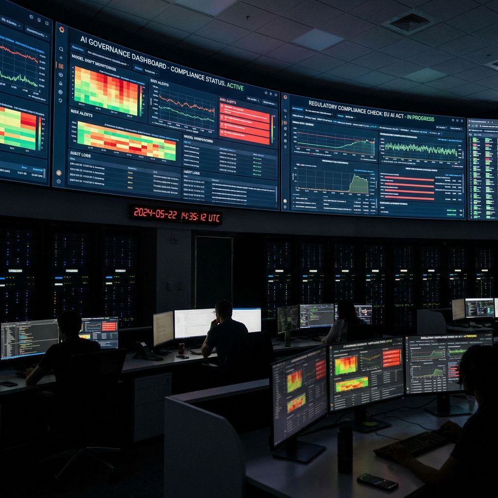 Mit mest fængende og realistiske billede, der afspejler emnet i artiklen om AI-governance og compliance, vil være en dokumentaristisk scene fra en moderne, travl AI-operatørhal eller kontrolrum, hvor avancerede dataskærme og overvågningsudstyr dominerer scenen. Forestil dig et rum fyldt med store, real-time dashboards, der viser komplekse grafer, advarsler og log-data fra flere AI-systemer, med en afdæmpet belysning, der fokuserer på skærmlyset. I stedet for mennesker i fokus, er det atmosfæren, teknologien og tegnene på overvågning, der fortæller historien om kontinuerlig compliance: lysende alarmer, tidsstemplede logs, og visuelle data, der illustrerer model-drift og risikostyring. Dette billede formidler den praktiske, daglige virkelighed for AI-ansvarlige: at overvåge, dokumentere og reagere i realtid for at sikre, at komplekse AI-modeller fungerer ansvarligt og lovligt. Det er en realistisk fortælling om adgang til teknologi, der fungerer som en синхрон „co-pilot“, der arbejder skjult bag scenerne, hvil