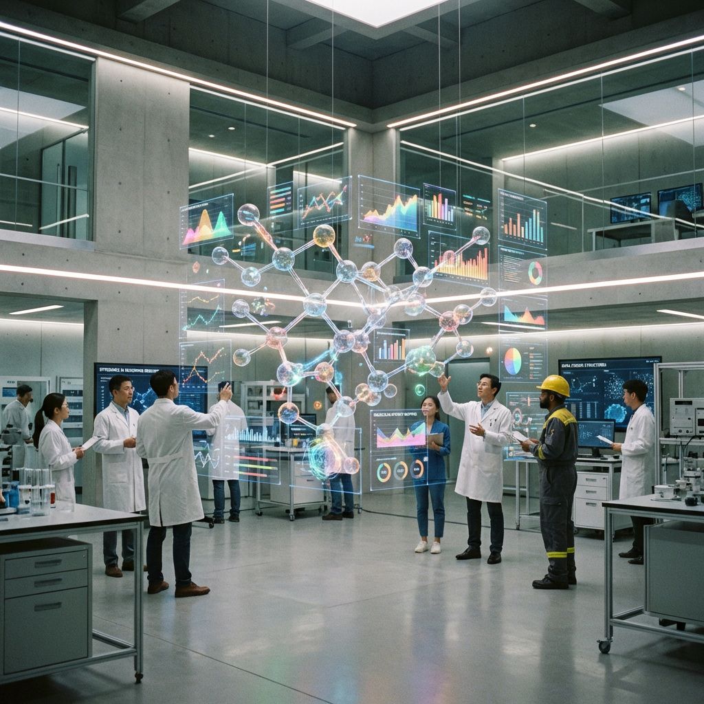 Forestil dig et dokumentaristisk billede, hvor en gruppe forskere og dataingeniører arbejder i et high-tech laboratoriemiljø, men uden at fokusere på personer, der sidder ved computere. I stedet dominerer en stor, transparent model af et molekylært netværk, visualiseret gennem et kollage af klare, farverige grafer og datafusioner, der svæver i luften som dynamiske strukturer. Omkring modellen er selve miljøet en industriel, minimal og futuristisk simulation af laboratoriets arkitektur, med glatte overflader og LED-belysning, der fremhæver både de avancerede data og et klart fokus på grundforskning i AI-reasoning. Det er en fotografi af en 