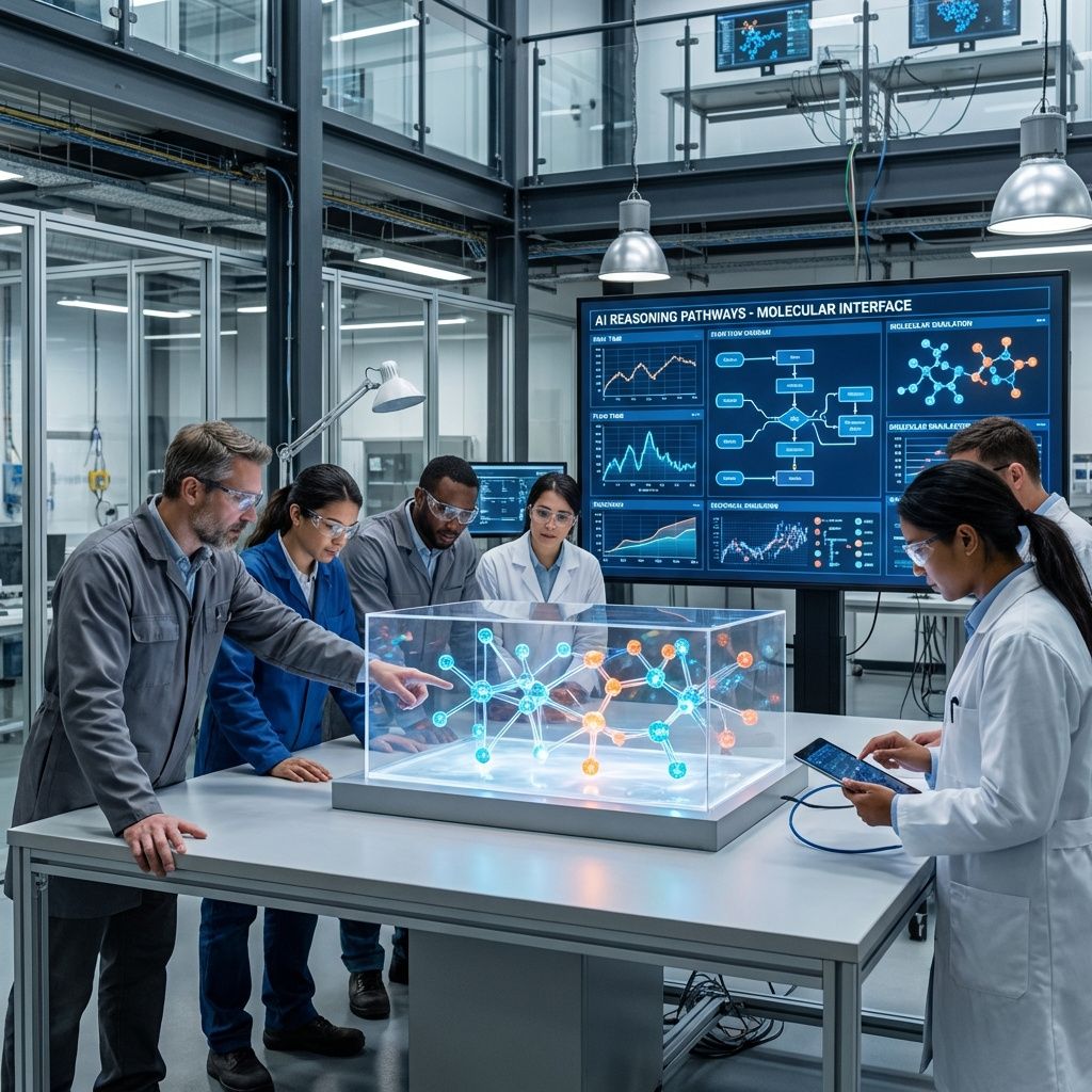 Et dokumentaristisk og realistisk billede, der visualiserer den komplekse, molekylære beskrivelse af AI-reasoning i en moderne facilitator-arbejdssituation. Forestil dig en stor, transparent laboratorie- eller innovationshall med industrielle detaljer – slebet stål, glaskomponenter, kabler og teknologiske installationer. I midten er et stort, åbent bord med et interaktionselement: en fysisk repræsentation af reasoning-strukturer, eksempelvis som en gynge af gennemsigtig gelé med små glødende prikker, der binder sig til hinanden i mønstre, der symboliserer hydrogenbindinger, covalente bindinger og van der Waals-kræfter, illustreret gennem subtile lys- og skyggelege. Disse prikker og forbindelser er arrangeret på en måde, der minder om molekylære modeller, men virker som en visuelt forståelig metafor for logiske reasoning-kæder i AI. Omgivet af forskere, data-analytikere og ingeniører i arbejdsklæder og briller, observeres modellen med fokus, mens der illustreres et øjeblik, hvor reasoning-strukturer overføres