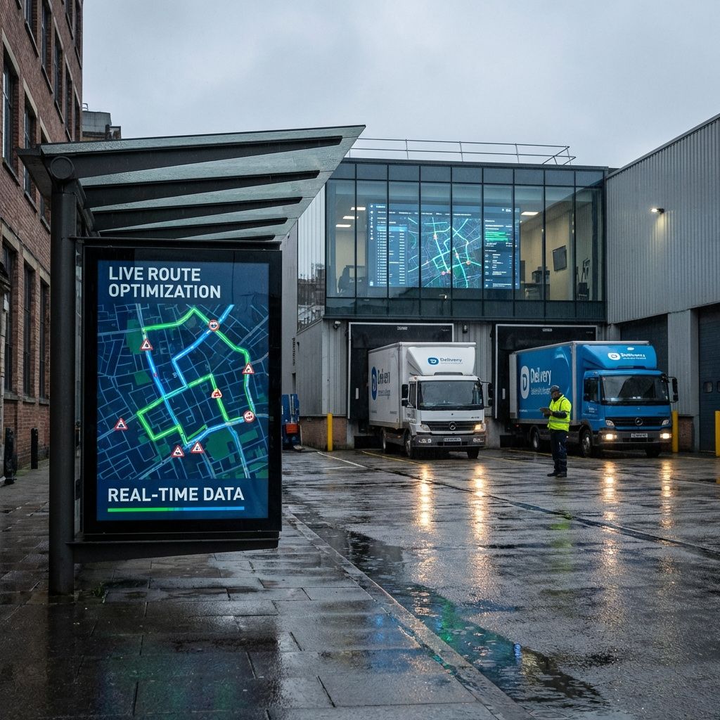 Forestil dig et realistisk, dokumentaristisk billede, der fokuserer på effekten af avanceret ruteoptimering i nutidens logistikmiljø. Billedet viser en travl, moderne vognmandsvirksomhed i en bymidte, hvor et par lastbiler er ved at aflægge deres daglige rute, vist på digitale skærme monteret på trucks eller store informationstavler i baggrunden. Det er et fotografi taget udefra, hvor vejen indrammer scenen, og den naturlige belysning afslører det skiftende vejr, hvilket understreger forholdene i realtid. En tydelig visualisering af ruter og trafikdata projiceres direkte på en skærm, der er integreret i et service- eller kontrolcenter. Med lyset fra bilen og info-visualiseringerne, der lyser op i omgivelserne, illustrerer billedet hvordan avanceret teknologi – uden sci-fi elementer – optimere ruter og mindske fejl i den faktiske hverdag. Dette billede formidler en nuanceret og realistisk forståelse af, hvordan agent-baseret AI-ruteplanlægning påvirker logistikbranchen: mere præcise, automatiserede beslutnin