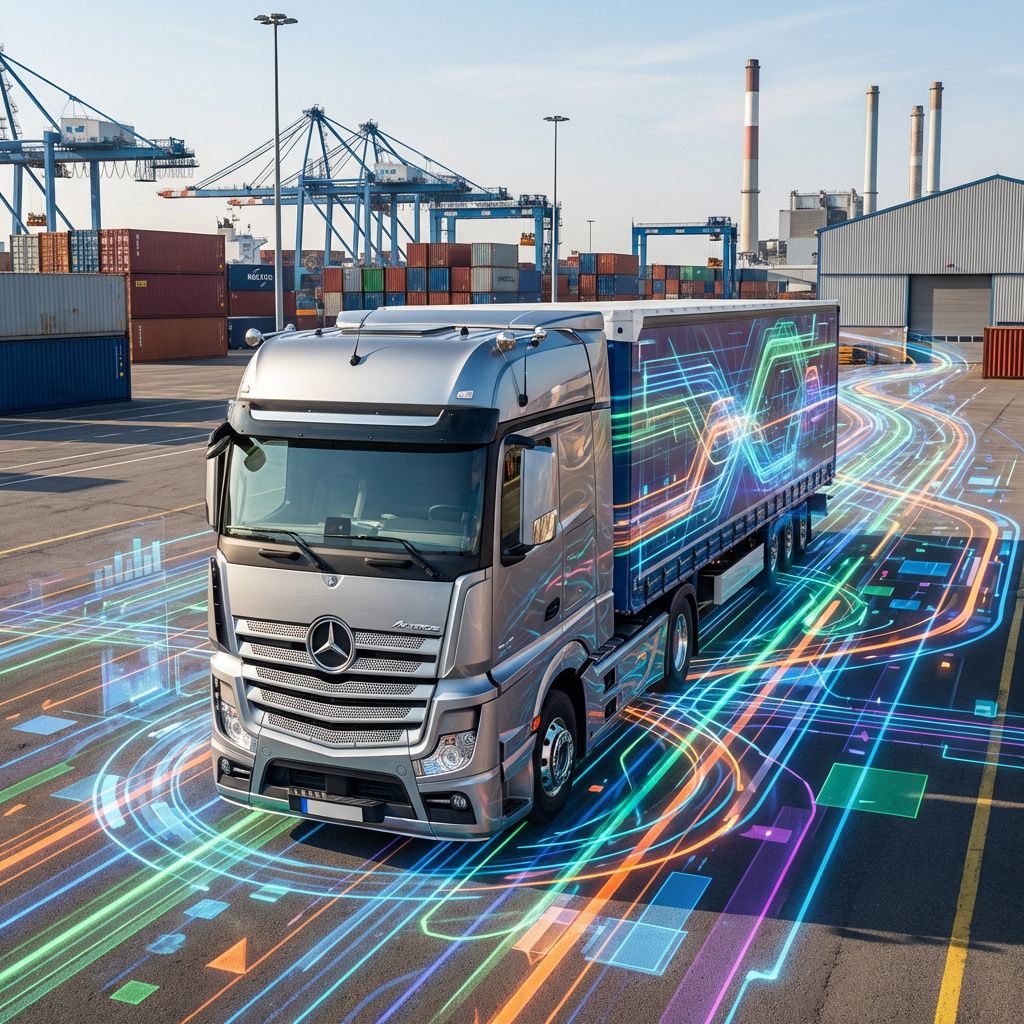 Forestil dig et images, hvor en almindelig erhvervskøretøj, en lastbil eller en varebil, står ved en moderne logistikhavn i dagslys, omgivet af en dynamisk, abstrakt visualisering af data- og trafikstrømme. Disse strømme er repræsenteret gennem vokserende, farverige linjer og geometriske former, der cirkler omkring køretøjet som digitale netværk i ruteforskydning. I baggrunden skimtes skorstene, containere og lagerbygninger, men fokus er på den komplekse, levende strøm af information, der styrer og optimerer ruten. Lyset fra solen, der reflekteres på køretøjets glatte overflade, kombineres med lyse, digitale visuelle elementer for at skabe en intens, realistisk scene af teknologiens integrering i den daglige logistik. Dette billede illustrerer den konkrete virkelighed af avanceret, automatiseret ruteoptimering i nutidens transporthverv—en hverdag fyldt med data, beslutningsprocesser og fysisk transport, alt sammen flettet i en præcis, dokumentaristisk æstetik.