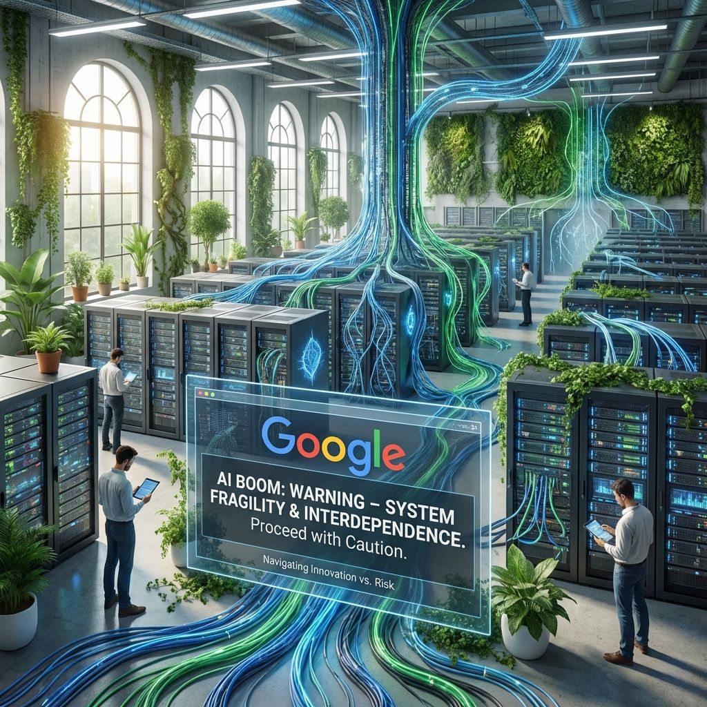 Det mest fængende og realistiske billede, der kan illustrere emnet om AI-boomet og advarslen fra Google, bør visualisere den komplekse og fragile struktur, som den moderne AI-økonomi udgør i dag. Forestil dig en stor, rummelig industrilokal, hvor en række moderne, stilfulde maskiner og servere står arrangementer i et kaotisk, men alligevel organiseret miljø. Maskinerne er forbundet med subtile, digitale linjer, der minder om nerver eller datastrømme, der flyder mellem enhederne, hvilket symboliserer den flydende grænse mellem innovationsliv og risiko for sammenbrud. Omgivelserne er præget af naturlige elementer som planter og lys, der står i kontrast til den teknologiske kompleksitet, hvilket indikerer, hvordan denne teknologi påvirker vores hverdag og miljø på en subtil, men kraftfuld måde. Billedet fokuserer på en abstrakt, men alligevel letgenkendelig struktur, der viser et højteknologisk miljø, hvor alt er forbundet, men omkranset af usikkerhed.» Dette billede afspejler den aktuelle nutidige realitet med