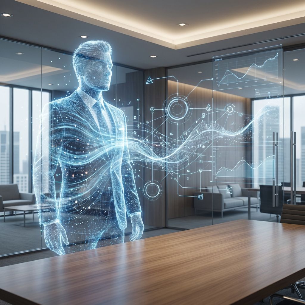 Det mest fængende og spændende billede, der bygger på abstrakte repræsentationer af emnet, viser en nærbillede af en futuristisk, men realistisk arbejdsplads, hvor en stor, transparent digital model af en chef − symboliseret gennem en dynamisk, datadrevet holografisk avatar − er integreret i et moderne mødelokale. Denne skikkelse, uden mennesker i billedet, har et komplekst netværk af flydende, lysende datastrømme, der strømmer ud fra den og forbinder med en række subtile, men tydelige elementer i rummet – som cirkulære lysende symboler, grafiske kurver og datalag i luften, der illustrerer AI’s forbundethed med arbejdsprocesser. Det er et realistisk spejlbillede af, hvordan AI kan integreres i en ledelses- eller medarbejderkontekst, hvor dens tilstedeværelse er subtil, men kraftfuld, uden at dominere rummet fysisk eller visuelt. Atmosfæren er præget af en rolig intensitet, hvor teknologi fremstår som en usynlig, men allestedsnærværende kraft, der påvirker arbejdslivets dynamik. Dette billede formidler på en 