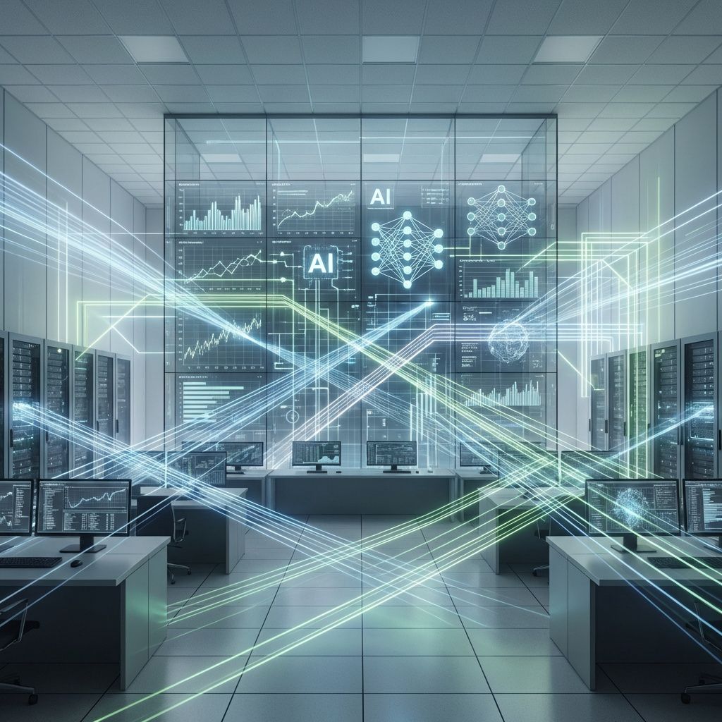 Det mest fængende og spændende foto, der bygger på abstrakte repræsentationer af emnet, er et realistisk billede af en moderniseret, tætpakket datacenter- eller kontrolrumsscene, hvor komplekse netværksvisualiseringer flyder som abstrakte lysstrømme gennem rummet. Fokus ligger på en stor, transparent væg af digitale dataskærme, som viser dynamiske grafer, AI-områder, og dataledninger, der krydser hinanden i et organiseret kaos, hvilket symboliserer AI-agenternes integration i finansverdenens effektivitet og compliance. I stedet for personer, er billedet domineret af geometriske former og lysfænomener, der illustrerer data-flow, automatisering og de uendelige muligheder for AI i finanssektoren, hvilket skaber en følelse af teknologiens uundgåelige indflydelse i dagens samfund. Det bør fremstå som en dokumentarisk, men også visuelt kraftfuld visualisering uden at blive overdrevet eller sci-fi-præget, med fokus på subtil symmetrik og let bleg belysning, der fremhæver lag af abstrakte dataintegrationer.