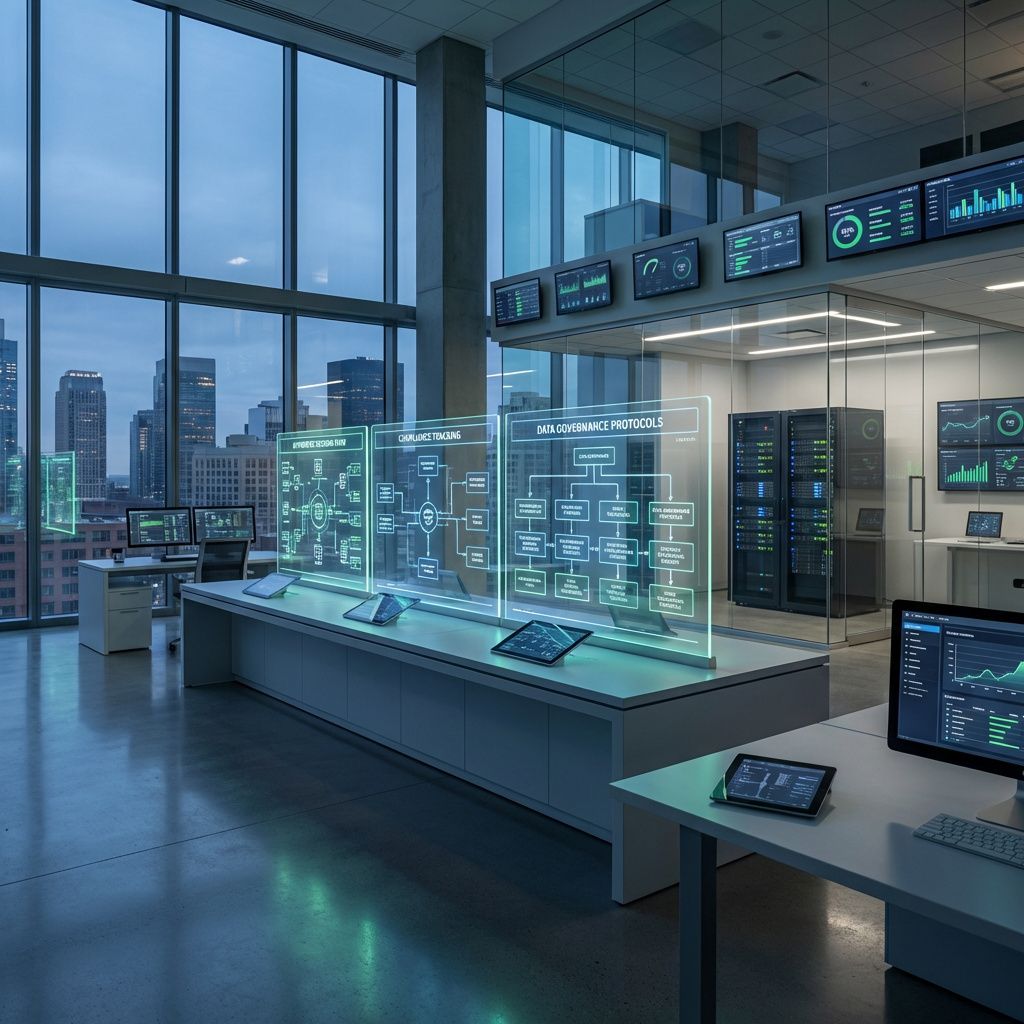 Forestil dig et fotografi, der fanger den komplekse, men alligevel naturlige virkelighed af agentic finance AI i nutidens erhvervsmiljø. Billedet viser en moderne, stilfuld kontorbygning med store panoramavinduer, hvor et dynamisk datacenter eller et kontor med avanceret digital infrastruktur er i fokus. I midten er en lang række transparente, holografiske paneler med diagrammer, grafer og flowcharts, der visualiserer automatiserede finansprocesser og governance-strukturer. Overfladerne reflekterer blødt omgivende lys, og den subtile belysning skaber en følelse af både kontrol og innovation. I scenariet er ingen mennesker til stede, men elementer som skærme, tablets og digitale dashboards er integreret i rummet, hvilket understreger teknologien som et uundværligt, men diskret integreret element i dagligdagen. Det er en realistisk, dokumentarisk visning af, hvordan agentic AI påvirker den moderne finansfunktion: automatiserede beslutninger, sporbarhed, compliance og effektivitet. Billedet fremhæver en harmon