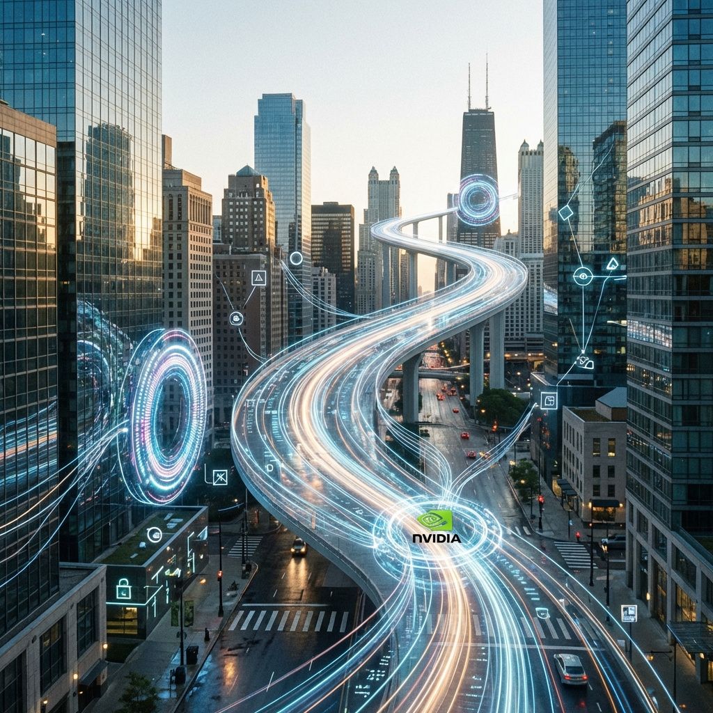 Mit mest fængende og realistiske billede, der illustrerer den dybt integrerede og abstrakte effekt af Nvidias AI-teknologi, vil være et konceptuelt billede af en ny digital infrastruktur i drift i et moderne, urban miljø. Forestil dig en stor, elegant bro af lys og datastreams, der snor sig som synkrone, integrerede energibånd over en by, hvor kæmpemæssige, usynlige datakceleratorer, repræsenteret gennem cirkulære LED-lys, pulserer med kraft. Disse databånd forbinder knudepunkter af intelligente, skjulte infrastrukturknudepunkter, der visualiseres som subtile geometriske former og symboler, hvilket afspejler hvordan AI-infrastrukturen bindes sammen globalt — uden direkte menneskelig indblanding, men med tydelig indikation af dens virkning. Dette billede signalerer et samfund, der forsynes med og styres af en udefinerlig, men kraftfuld digital 