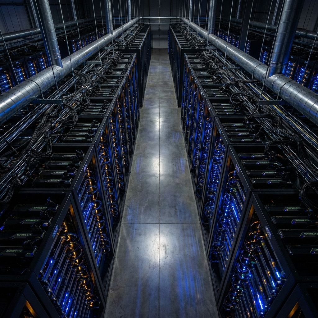 Det mest fængende og relevante foto, der abstrakt illustrerer artikkelens kerne, kunne være en realistisk, dokumentarisk optagelse af en moderne datacenter- eller cloud-infrastruktur i en industriel kontekst. Forestil dig en vinkel set fra oven, hvor flere store, kraftige GPU-servere er arrangeret i rækker med kraftfulde kølesystemer og LED-lys, der skifter farve i takt med dataskifte — symboliserende den dynamiske og underliggende kraft bag AI-tempoet. Atmosfæren er præget af blot de nødvendige tekniske elementer uden menneskeforhold, hvilket fremhæver teknologiens abstrakte, men essentielle rolle i det globale dataled, der driver AI-udviklingen og dens økonomiske konsekvenser, især set i en dansk kontekst. Det understreger, hvordan avanceret hardware er selve motoren bag den digitale revolution, uden at fokusere på cliché-billeder af mennesker ved computerskærme. Billedet fanger en intens, rå og autentisk stemning, hvor teknologien er i centrum som et massiv, fysisk system af komponenter, der repræsenterer