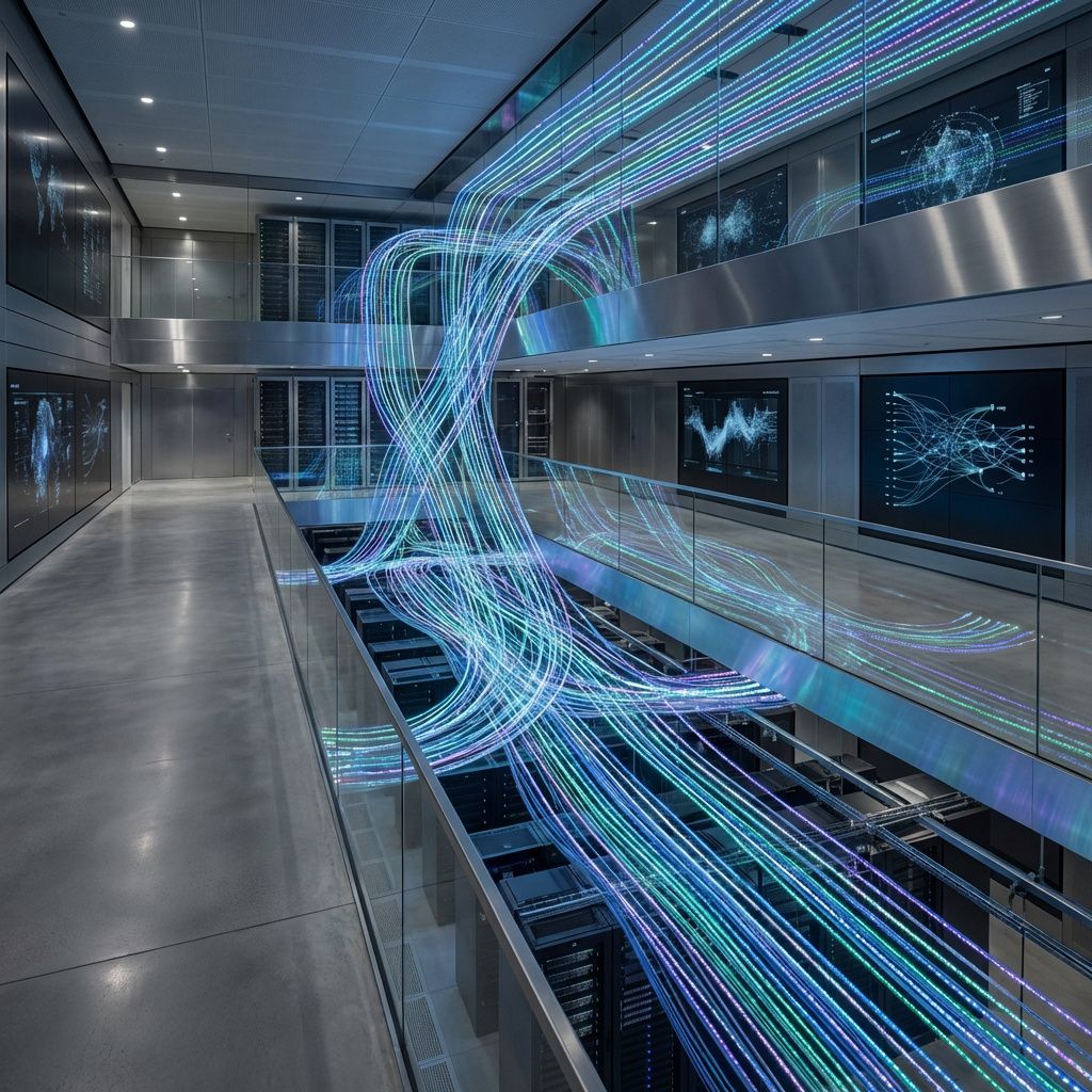 Det mest fængende og spændende billede, der bygger på abstrakte repræsentationer af emnet, er et realistisk foto af en stor, moderne data- eller AI-infrastruktur i et nytidigt miljø. Forestil dig en rummelig, minimalistisk datacenter-lignende setting, hvor en enorm, glødende netværksmatrix af lysende fibre og konfigurerbare LED-lys strækker sig over flere niveauer. Disse lysende elementer visualiserer dataflows og informationsstrømme, der symboliserer den enorme aktivitet i kunstig intelligens’ infrastruktur, uden at vise nogen person direkte. Det skaber en følelse af kraftfuld, men usynlig teknologi, der driver global digital transformation, og illustrerer, hvordan data er flydende som en usynlig strøm i samfundets moderne liv. Det nærmer sig en dokumentaristisk opstilling, hvor lyset er subtilt, med fokus på teksturer og kontraster i miljøet, og en realistisk belysning, der fremhæver optical illusionen af de uendelige datakanaler. Væggene er dækket af monitorer og holografiske data-visualiseringer uden dir