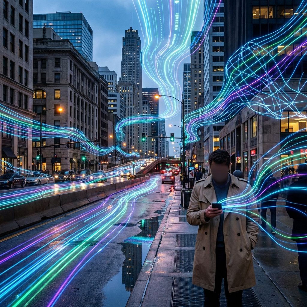 Det mest fængende og spændende foto, der kan visualisere artiklens kerne om AI’s massive udbredelse og dens indflydelse på samfundet, kan bygges op omkring abstrakte repræsentationer af datastreams, der flyder gennem et moderne bylandskab. Forestil dig en realistisk dokumentaristisk scene, hvor en travl storby med skyskaber dominerer horisonten. Over byen svæver digitale, neonlignende linjer og mønstre, der repræsenterer globale dataflows og AI-aktivitet, som subtilt integrerer sig med den fysiske struktur af byen. Disse dataflows er visuelle metaforer for den uundgåelige integration af AI i vores dagligdag og infrastructure, uden at det bliver éntydigt futuristisk eller sci-fi-agtigt. Billedet skal formidle en dyb forbindelse mellem teknologi og samfund, hvor data og informationsstrømme bliver en del af byens puls. Det kan inkludere dele af bymiljøet, såsom en flydende trafik, hvor lysstrømme ser ud til at følge med bilernes bevægelser eller reflekteres i vandpytter, og måske en enkelt person, der holder en