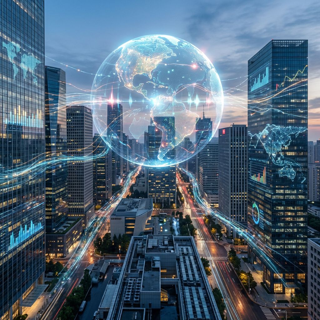 Det mest fængende og spændende billede, der afspejler artiklens kerne om AIs infrastruktur og dens udbredelse, kan tage form som en realistisk documentaristisk scene: Et moderne, futuristisk bymiljø set fra en forhøjet vinkel, hvor en stor, transparent LED-jordskive symbolliserer global dataflow og AI-infrastruktur uden at vise mennesker direkte. Denne jordskive, med flydende lag af lysende datastreger og netværk, synkroniserer med den omkringliggende byarkitektur, hvor skyskrabere har grafer og datavisualiseringer projiceret på facaderne. Det giver en visuel metafor for den skjulte, men allestedsnærværende teknologi, der styrer vores hverdag – et abstrakt, men realistisk billede af den infrastruktur, der gør AI-eksplosionen mulig, og illustrerer den globale konnektivitet uden at have menneskelige figurer i fokus. Billedet har en dokumentaristisk præcision, hvor fokus er på det øjeblikkelige, realistiske miljø: Den pulserende, datadrevne understrøm af byens infrastruktur vises med naturligt lys, refleksione