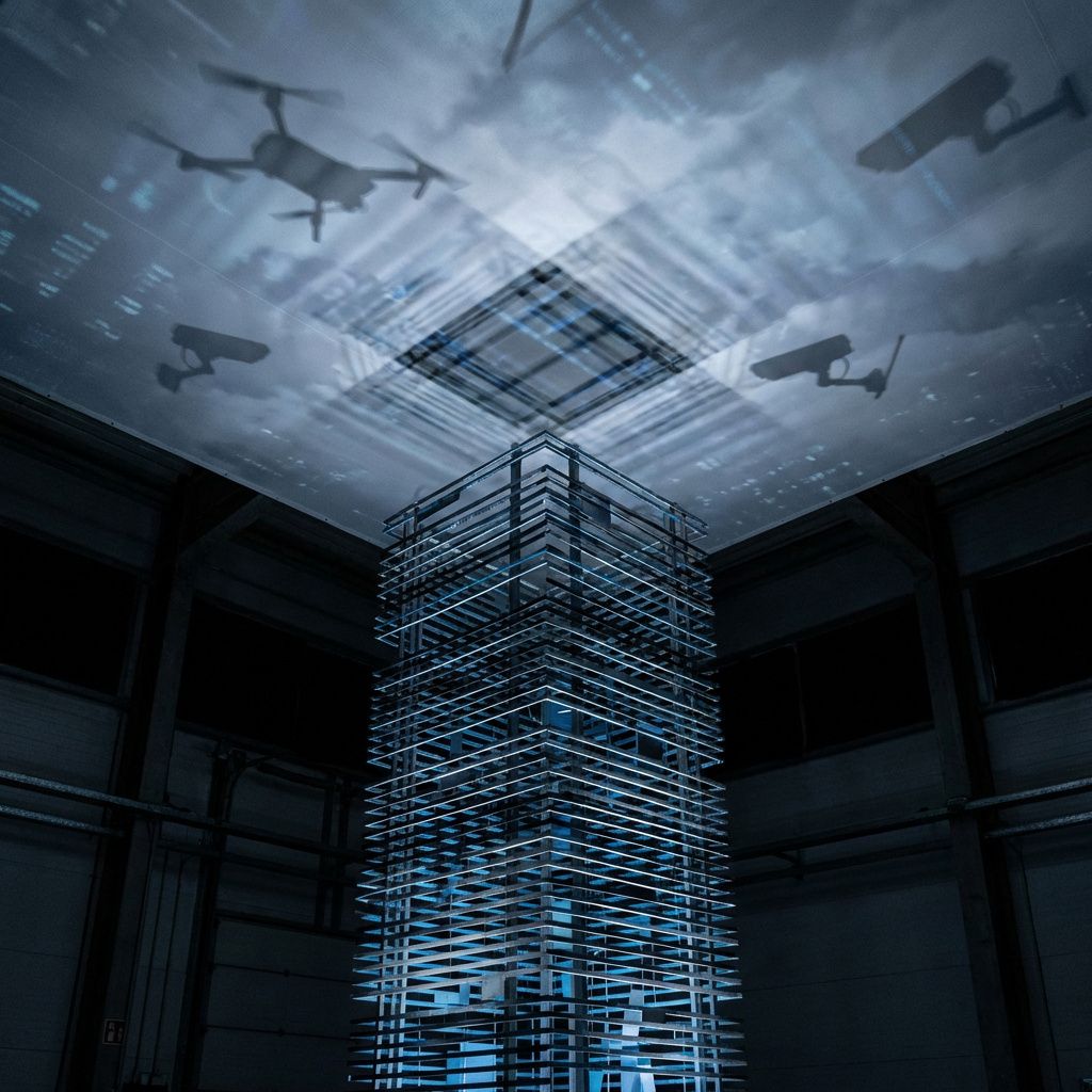 Jeg vil skabe et stærkt, dokumentaristisk billede, der fanger den abstrakte kraft og alvor, der er forbundet med AI-teknologiens sikkerhed og militære anvendelse. Forestil dig en scene, hvor en futuristisk, men realistisk stiliseret datainfrastruktur illustreres gennem et tårn af digitale lag, der strækker sig opad som en skulpturel installation. Disse lag er lavet af indbyrdes vævede, flimrende linjer og geometriske former, der symboliserer datastrømme, krypteringslag og sikkerhedsforanstaltninger. Over dette kan der være symbolsk inspirerede elementer, såsom abstrakte, let udviskelige silhuetter af droner eller overvågningskameraer, der glider ind og ud af billedet, uden at det bliver for eksplicit, for at understrege den skjulte kraft og uansethed. Det er en komposition, der spejler stadigt skiftende, usynlige trusler i skyen af data, hvor teknologi balancerer på kanten af etik og magt. Der anvendes en neutral, realistisk farvepalette med dæmpede grå-, blå- og sorte nuancer, hvor indslag af kølige LED-lys