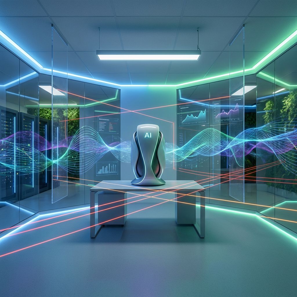 Det mest fængende og spændende billede, der afspejler artikelens kernetema om balancen mellem AI-sikkerhed og performance, kan visualisere en futuristisk, men alligevel dagligdags kontormiljø, hvor abstrakte, dynamiske datafloder flyder i luften omkring en central, stilfuld enhed – en slags visualisering af AI’ens komplekse økosystem. Det er en realistisk scene uden mennesker, hvor tynde, flydende linjer i forskellige farver symboliserer de kritiske guardrails og advarselslinjer, der strækker sig gennem rummet, mens mere organiserede netværk og grafer viser data og risikoscenarier i en organisk, men kontrolleret form. Baggrundselementerne er subtile, med transparente vægge og akryl-lyde, der reflekterer en moderne teknologivirkelighed, hvor sikkerhed integreres i dynamikken i hverdagen uden at forringe ydeevnen. Dette billede illustrerer, hvordan AI-teknologien ikke blot er en fysisk maskine, men et netværk af komplekse beslutningsflader, hvor følsomme data og sikkerhedsforanstaltninger balanceres i realtid,